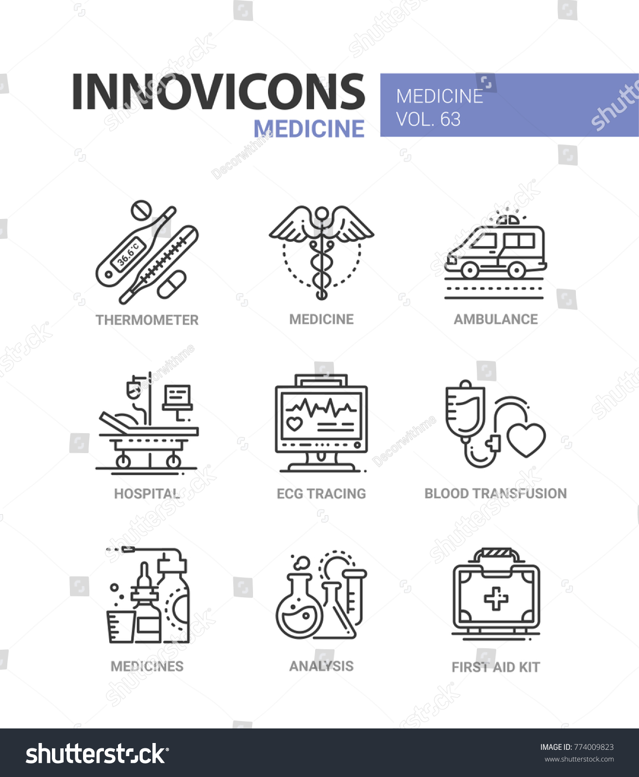 Medicine Line Design Icons Set Description Stock Vector Royalty Free 774009823