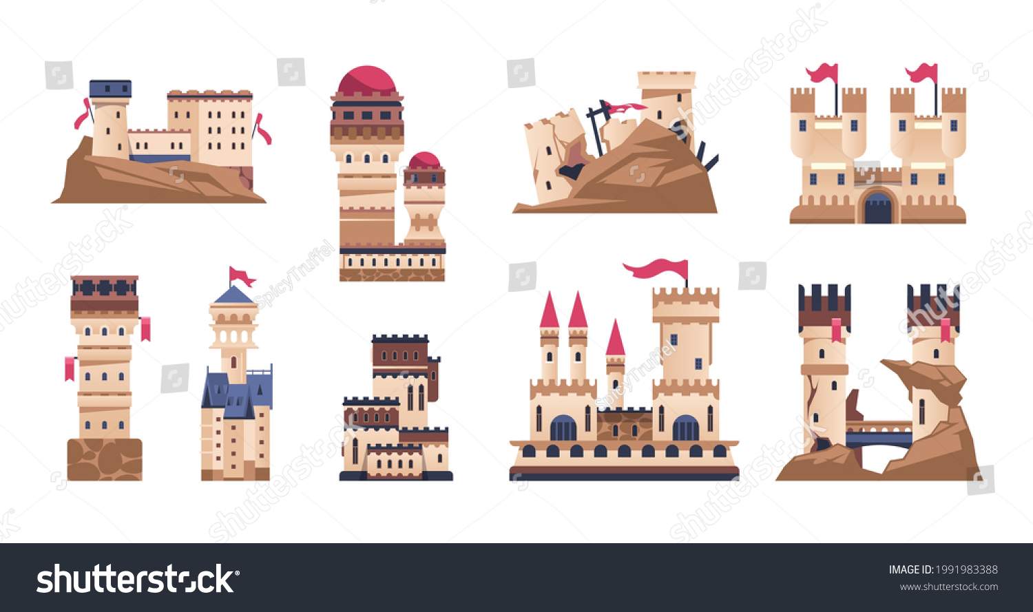 SVG of Medieval castle. Cartoon old fort or kings palace. Historic building with towers and flags. Ancient bastion and citadel. Ruins of stronghold on cliff. Vector fortified constructions set svg