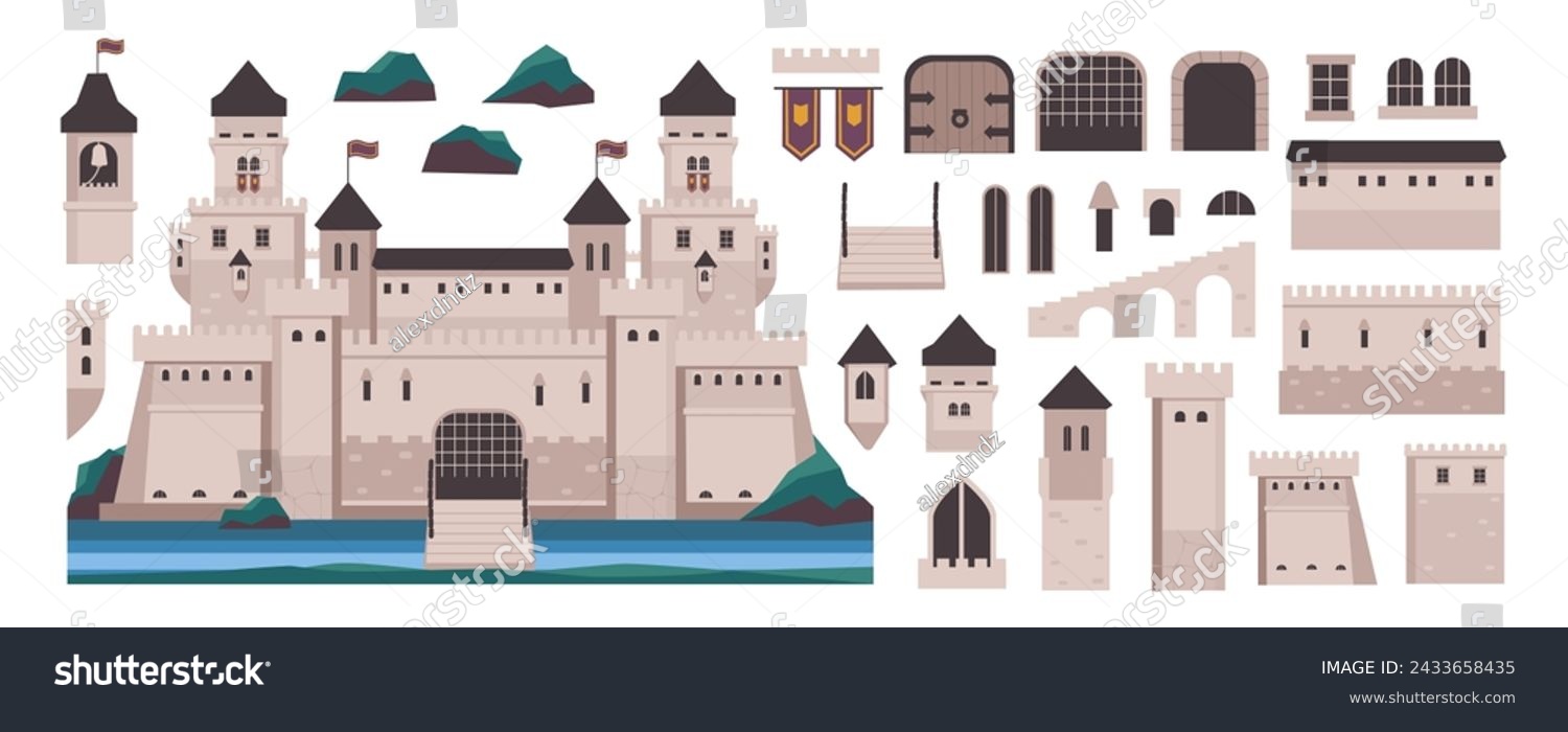 SVG of Medieval castle elements constructor mega set in flat graphic design. Creator kit with ancient kingdom palace exterior, gates, towers, doors, windows, flags and archways, other. Vector illustration. svg