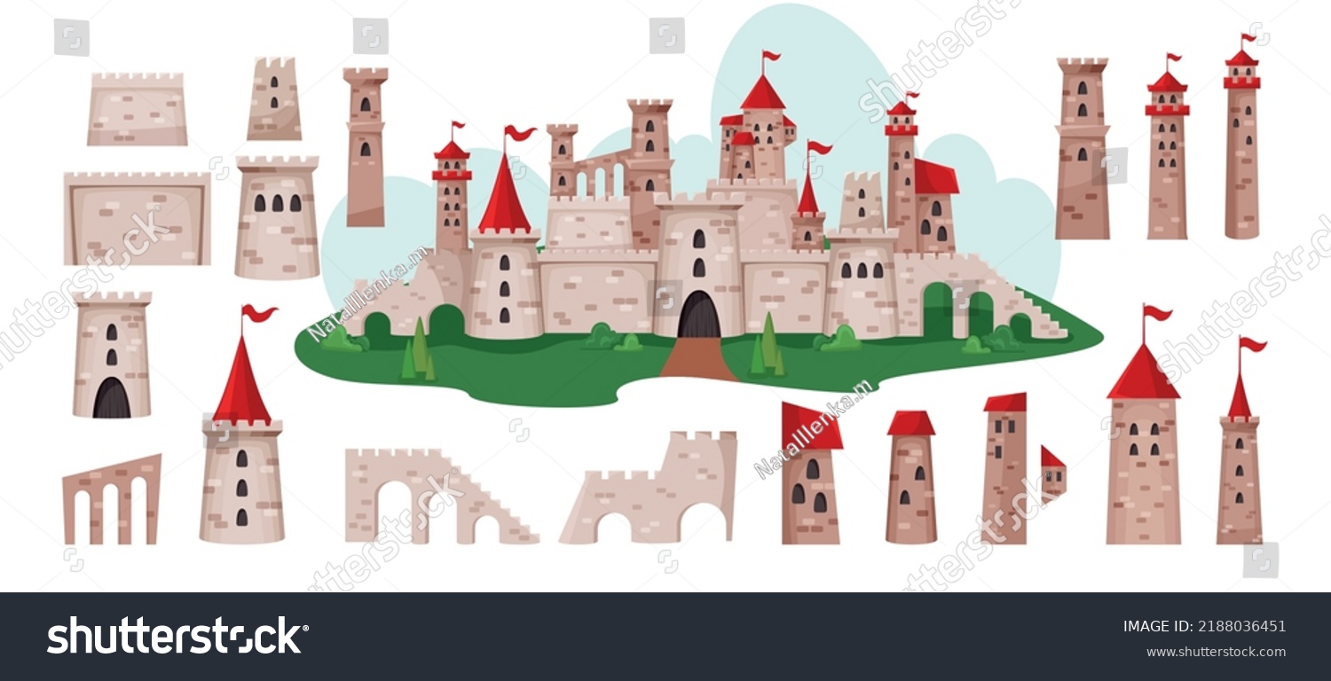 SVG of Medieval castle. Fantasy landscape elements set. Fortress moat. Palace in park. Ancient architecture art. Bright building. Fortified wall. Towers and bridges. Vector flat background svg