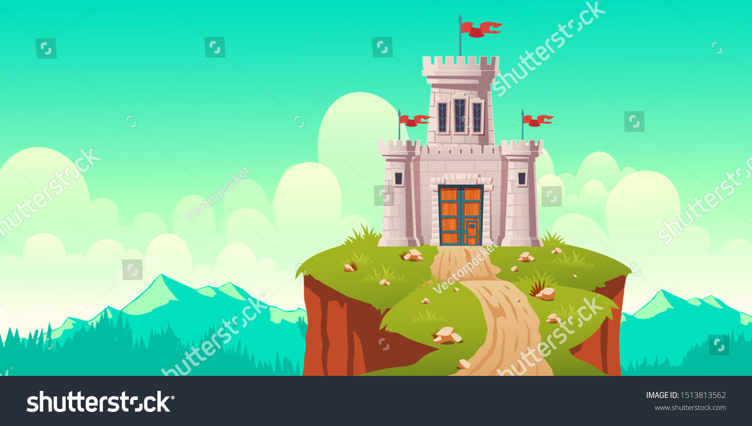 SVG of Medieval castle, fort on cliff. Stone citadel, fairytale fortress, kings stronghold with flags on defense towers and forged, wooden gates. Far bastion, outpost in mountains cartoon vector illustration svg