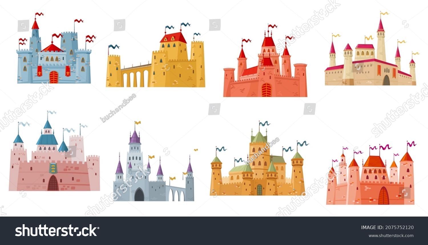 SVG of Medieval castle, palace and fortress with towers cartoon buildings. Isolated vector fairytale kingdom castles, palace, mansion, citadel or fort with flags, gates and turrets, bridges, defensive walls svg