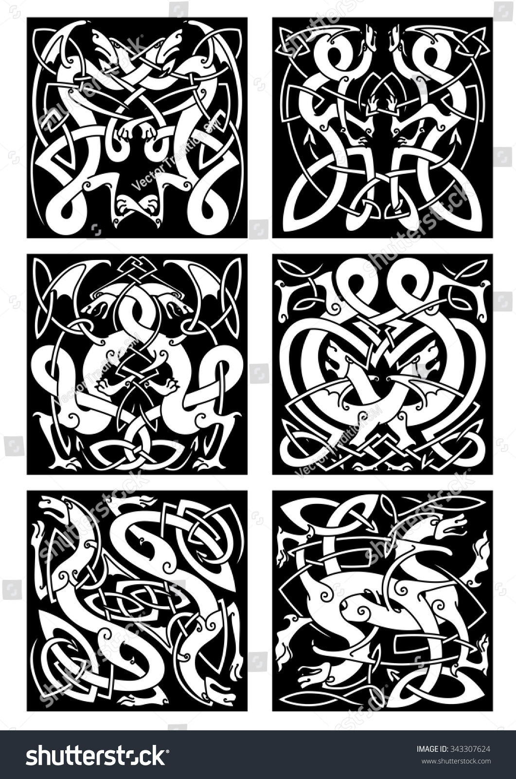 Medieval Celtic Knot Patterns Of Dragons With Entwined Wings And Tails ...