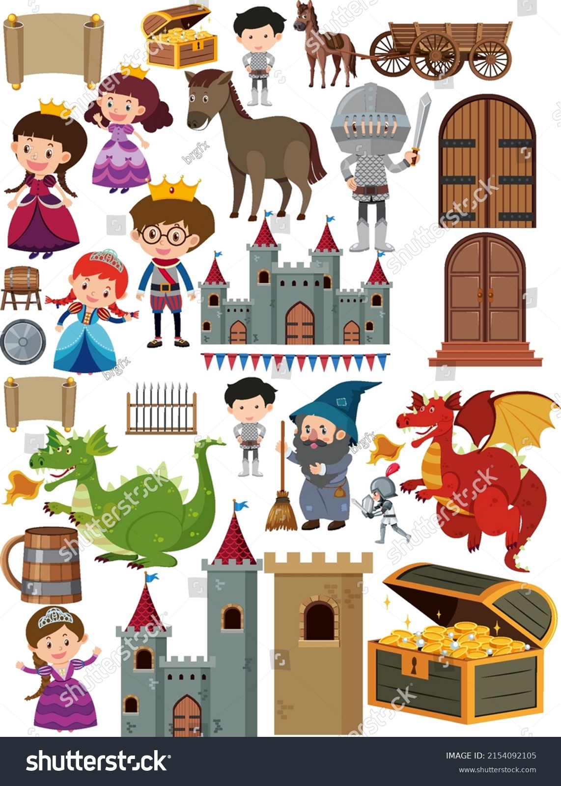 Medieval Characters Buildings Set Illustration Stock Vector (Royalty ...