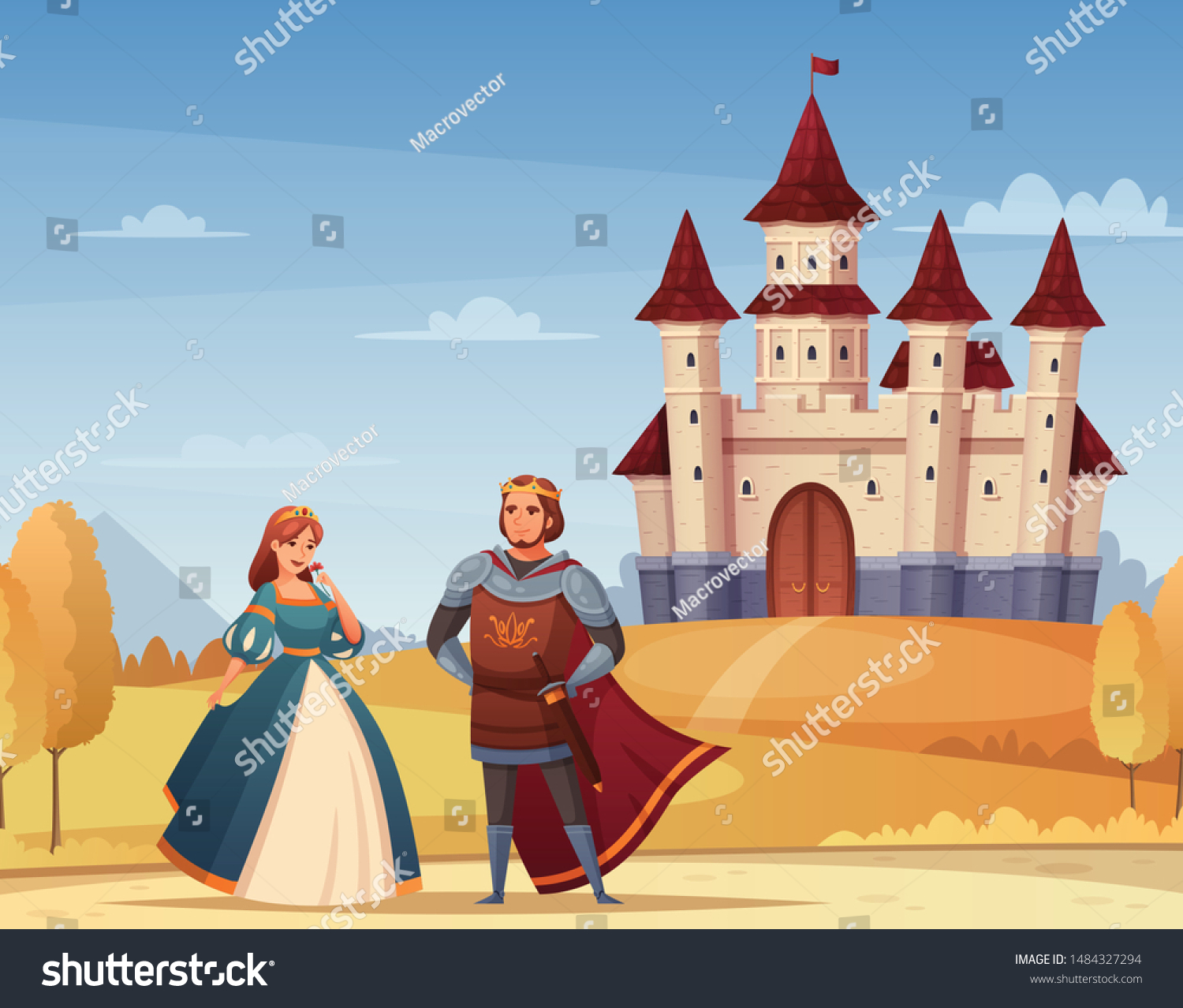 SVG of Medieval characters cartoon background with castle king and queen vector illustration svg
