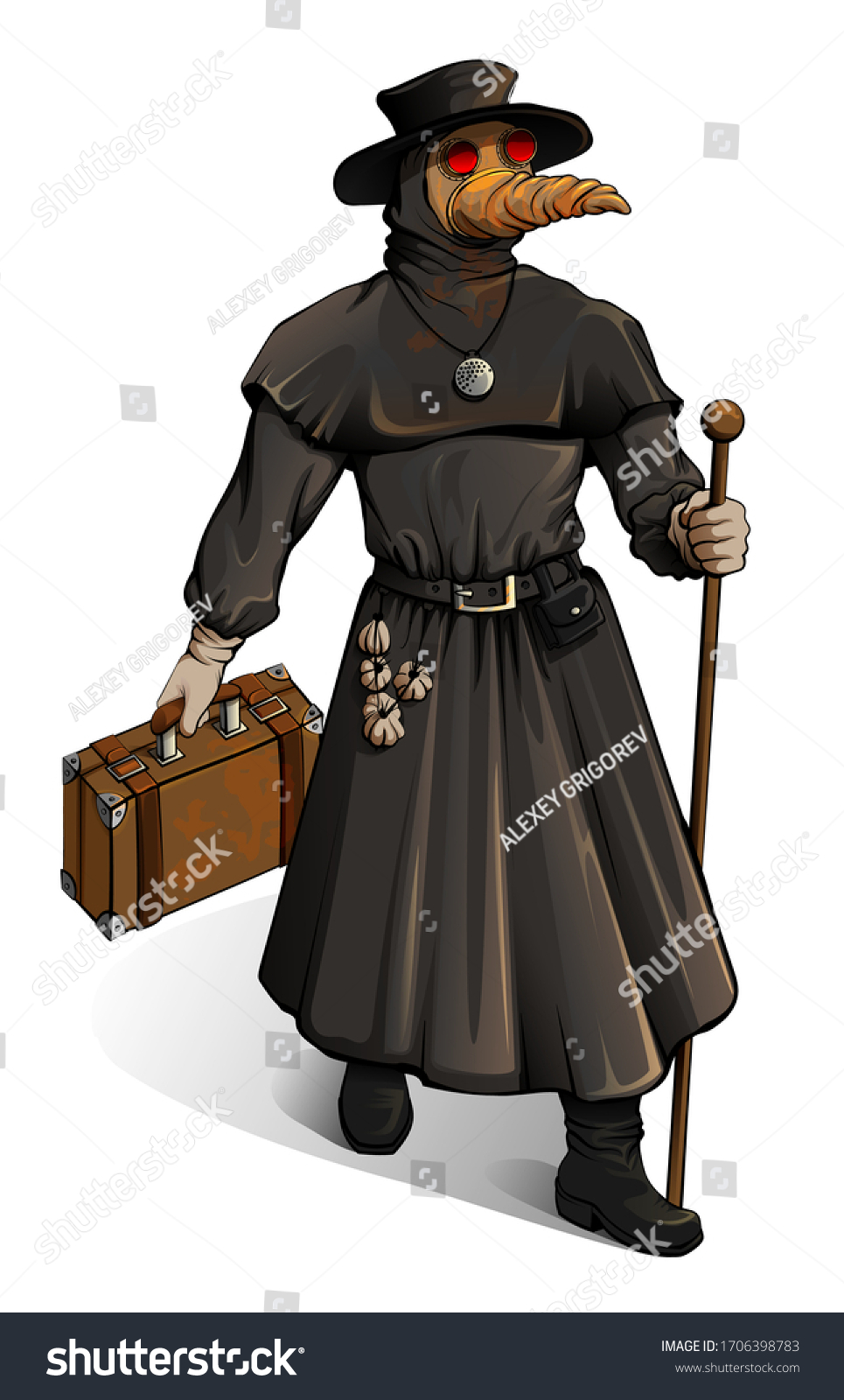 SVG of Medieval doctor in protective suit walks with suitcase svg