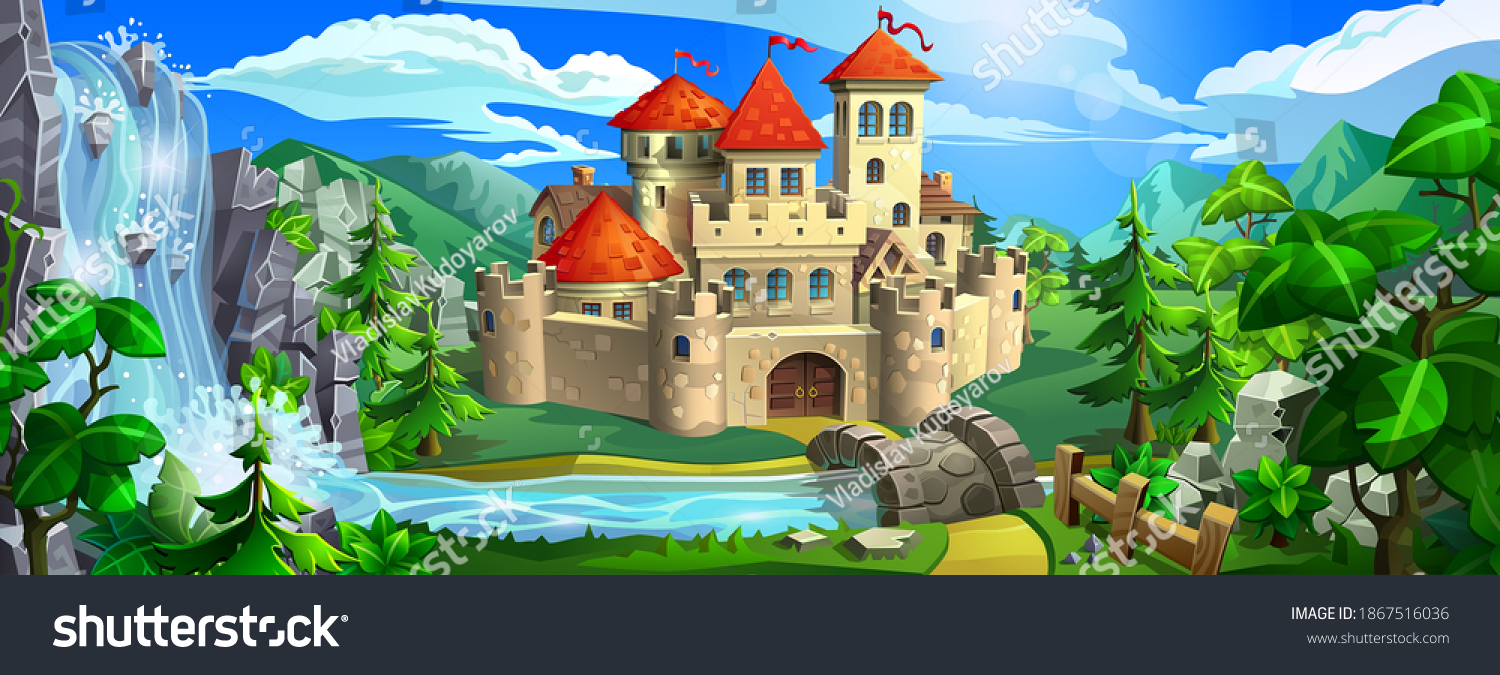 SVG of Medieval fairytale castle with red roofs, stone walls and towers. The castle stands among green hills, mountains, near a river and a waterfall. svg