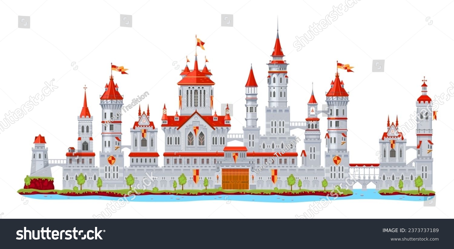 SVG of Medieval fortress castle building with walls and palace gate or tower turret and bridge, vector fort. Cartoon fantasy kingdom building and fairy tale fortress castle or royal town and citadel fort svg