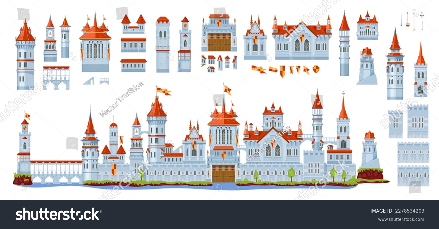 SVG of Medieval fortress castle constructor. Vector architecture elements of ancient palace building, stone walls, towers, flags and archways, gates and windows set. Fantasy castle, palace, fort and citadel svg