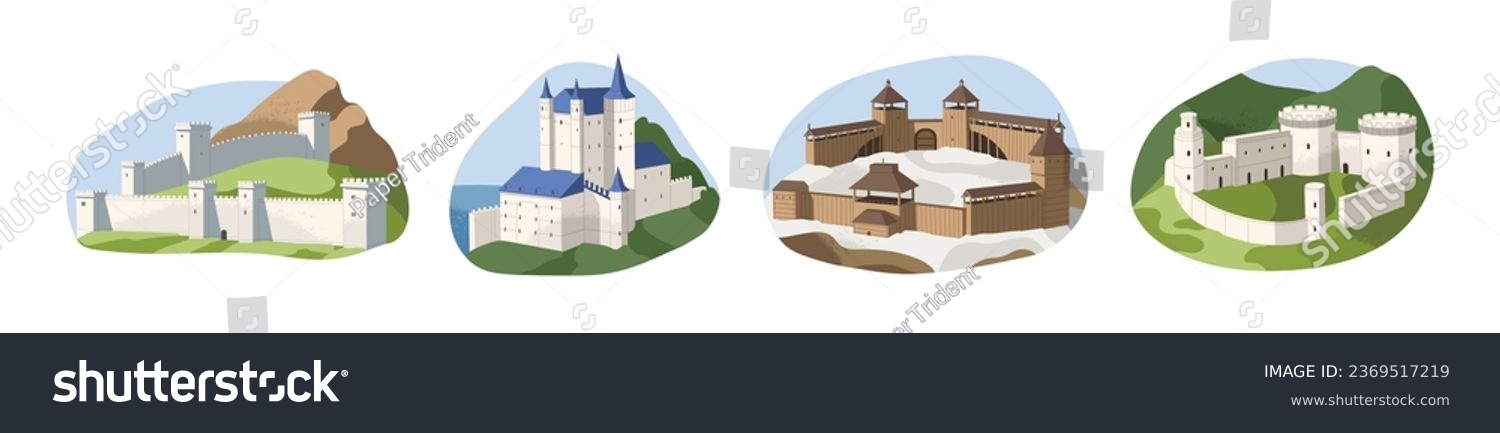SVG of Medieval fortress set. Ancient castles on mountain, historical chateau, royal fort, kingdom building with towers, bastion. Old city architecture. Flat isolated vector illustration on white background svg