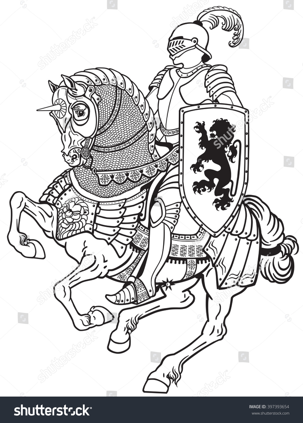 ギャロップに装甲馬に乗った中世の騎士 白黒のイラスト のベクター画像素材 ロイヤリティフリー