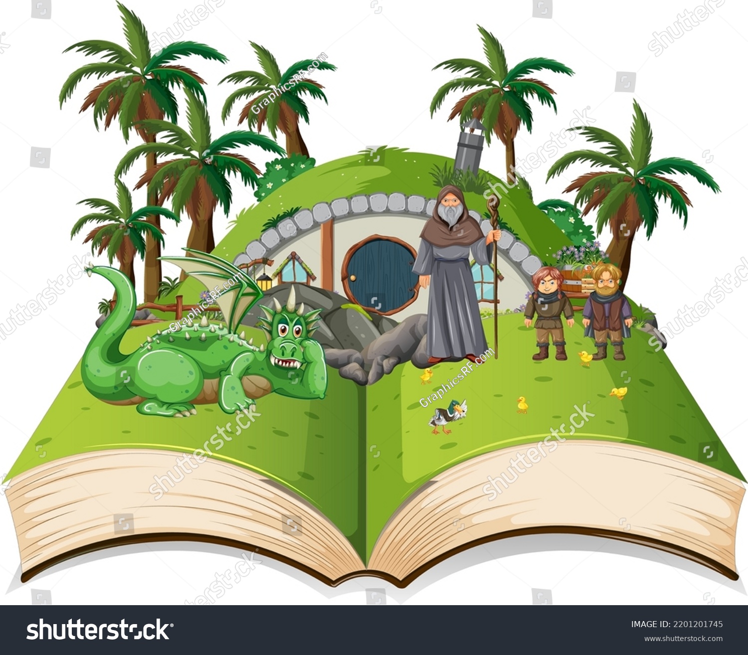 SVG of Medieval magic land scene on open book illustration svg