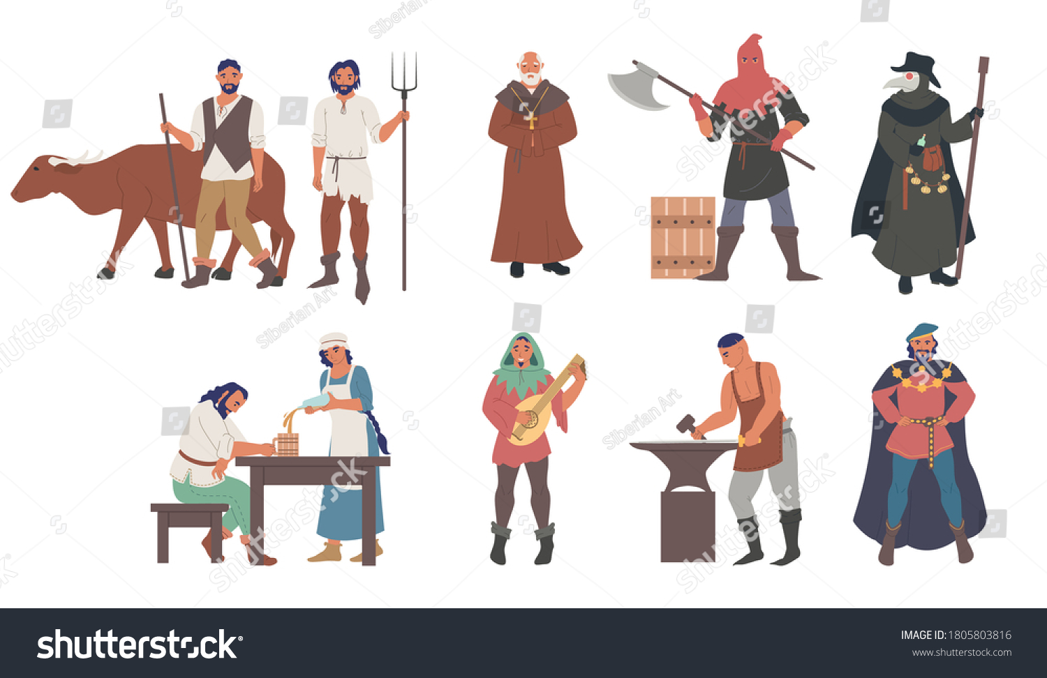 SVG of Medieval people male and female cartoon character set flat vector isolated illustration. Priest, peasants, executioner, plague doctor, blacksmith, musician, minstrel, royal courtier. Medieval clothing svg