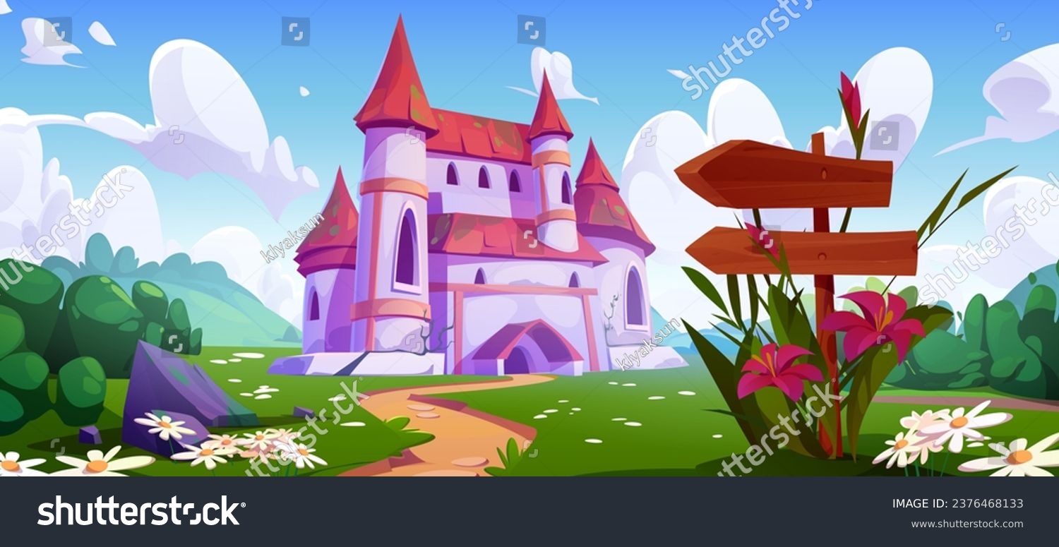 SVG of Medieval princess castle fairytale landscape background. Signboard arrow on road near kingdom mansion. Fantasy king palace for summer story. Fantastic game nature environment with tower scene svg