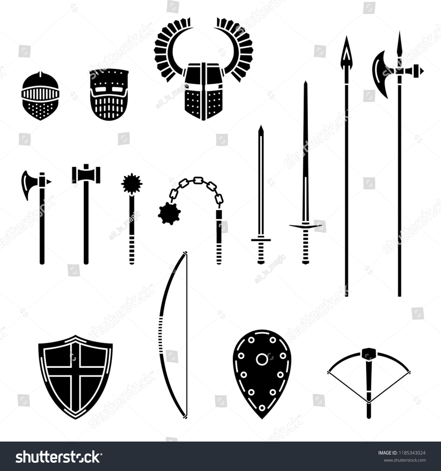 中世の武器と兵器セット 中世の武器 剣 ハンマー 斧 オス 槍 槍 槍 メイス 弓 クロスボウヘルメットのシールド ベクターイラスト のベクター画像素材 ロイヤリティフリー