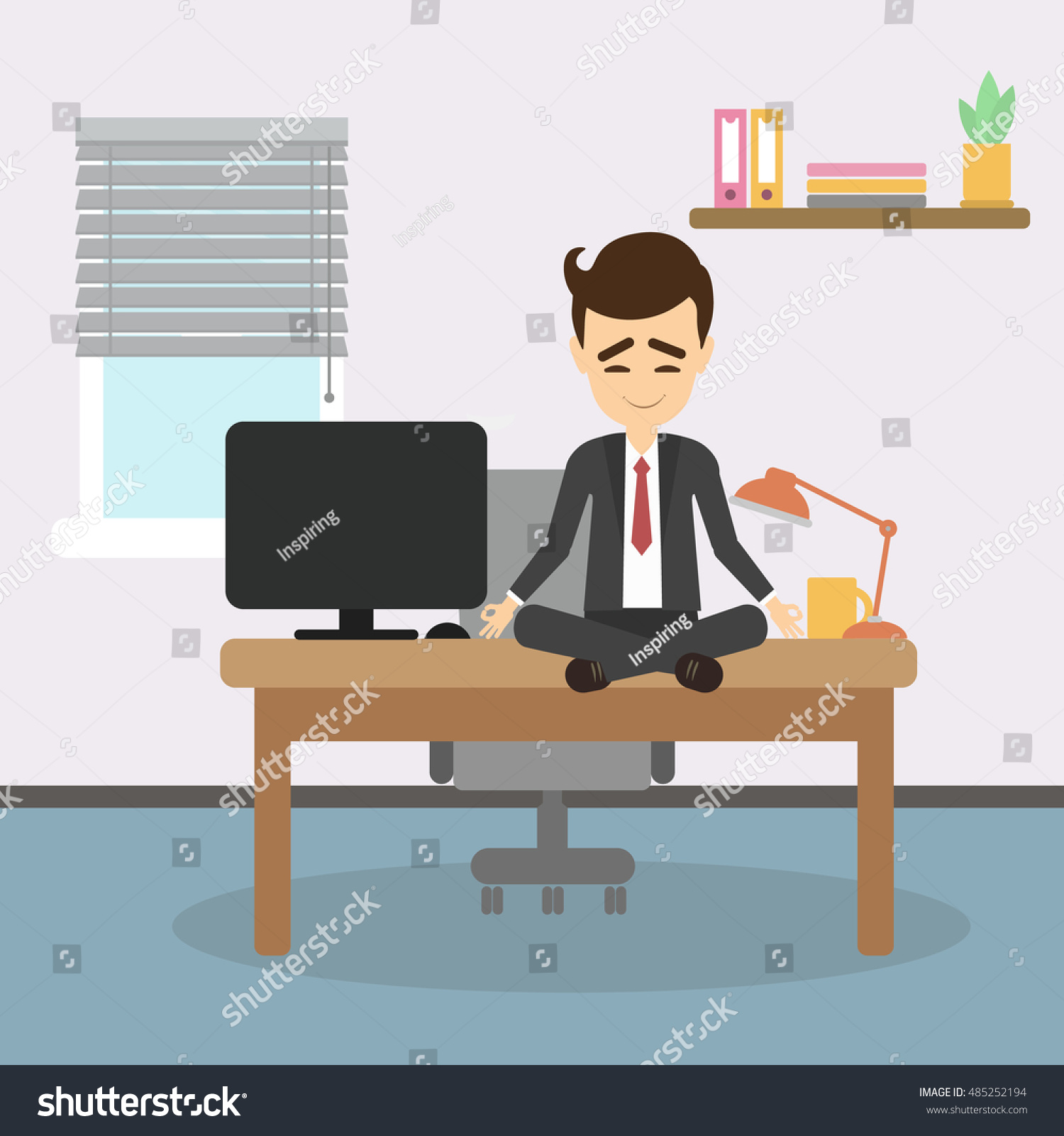 Meditation At Work. Businessman Sitting In Lotus Pose And Meditating