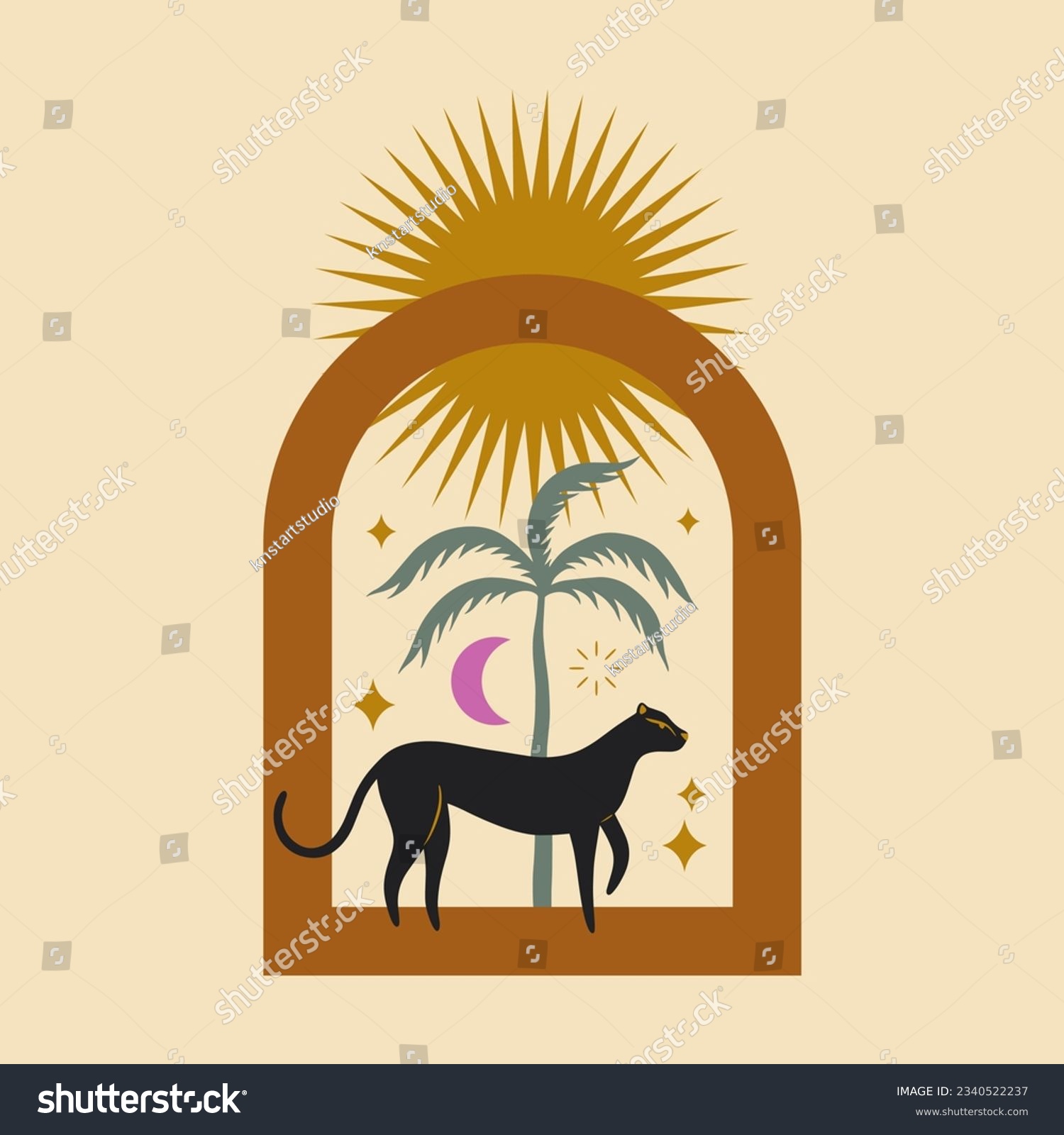 SVG of Meditative modern cartoon flat wild cat black panther scene. Hedonism and chill concept, animal poster. Vector Illustration. Palm tree, sun and moon symbols summer art. svg