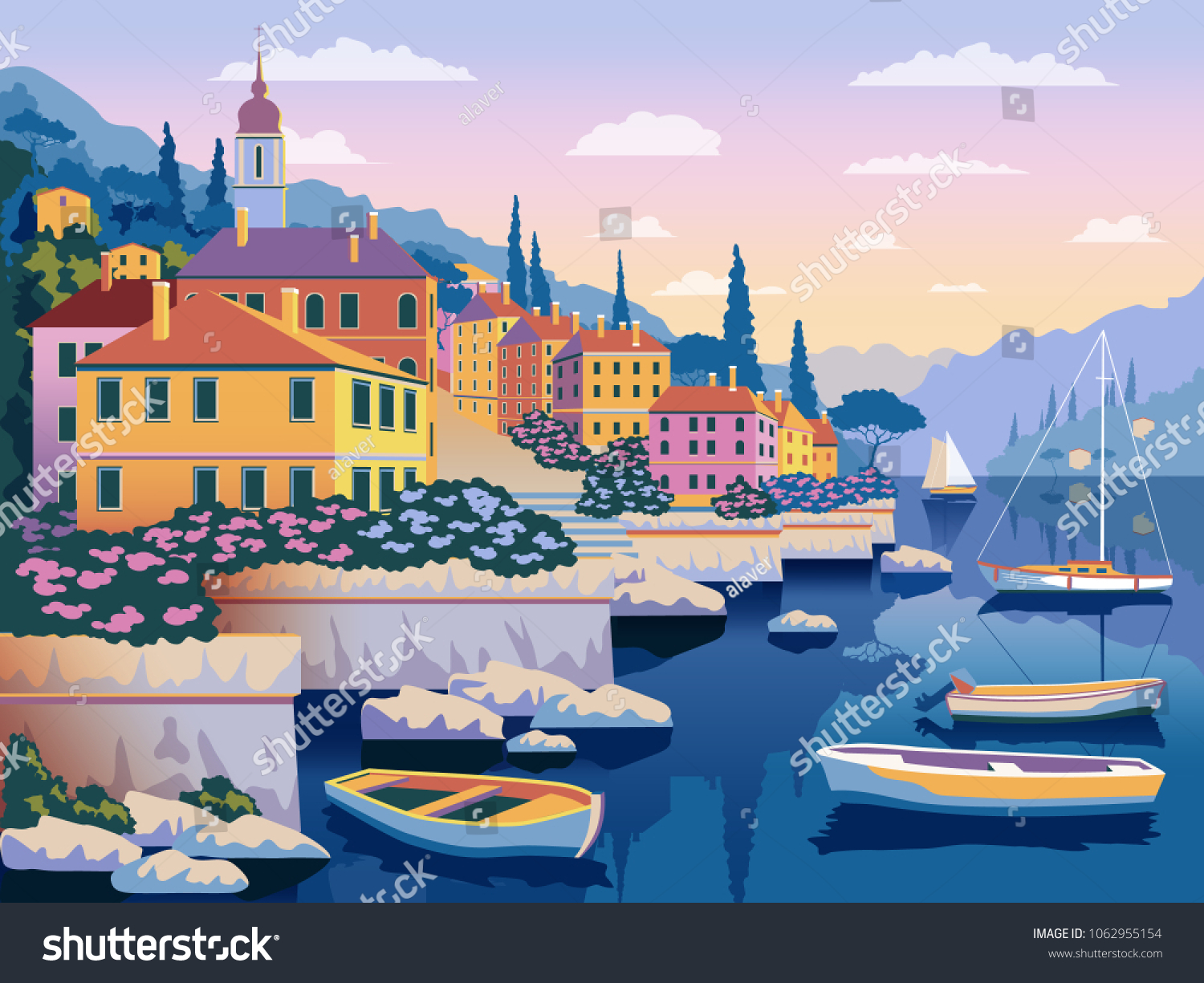 Mediterranean Romantic Landscape Handmade Drawing Vector 스톡 벡터(로열티 프리