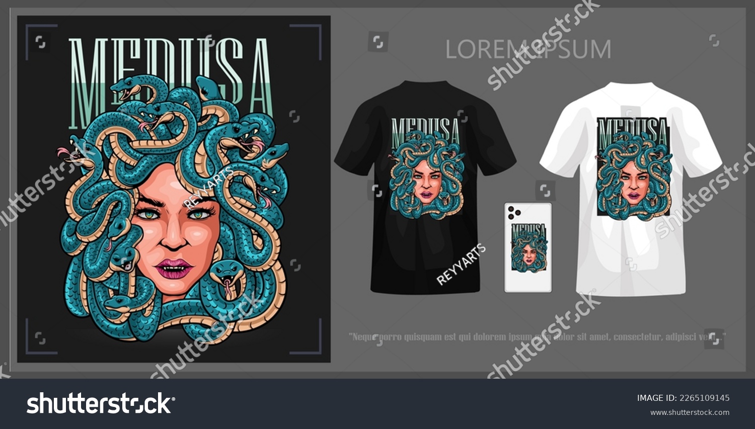 SVG of Medusa head t-shirt design, complete with mockup. svg