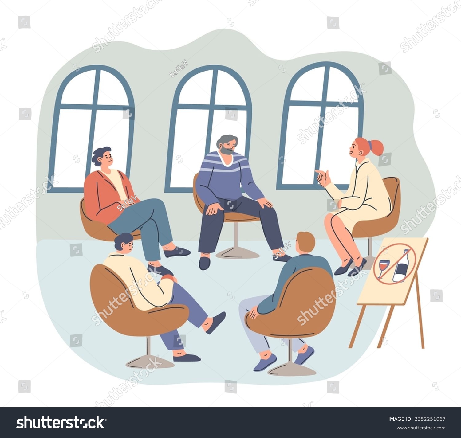 SVG of Meeting of anonymous alcoholics sitting in circle and talking about the addiction. Support for people drinking alcohol. Help and assistance of mentor with psychological issues. Vector in flat style svg