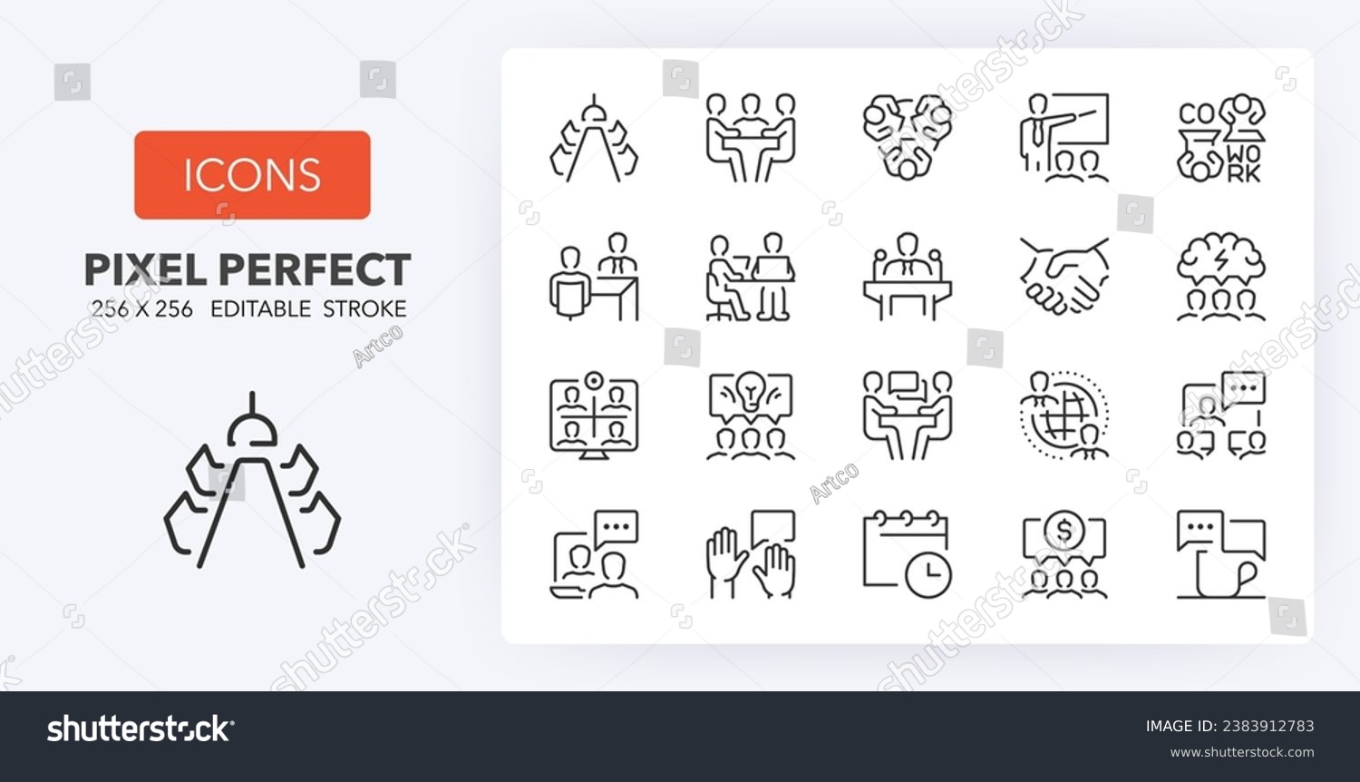 SVG of Meeting, thin line icon set. Outline symbol collection. Editable vector stroke. 256x256 Pixel Perfect scalable to 128px, 64px... svg