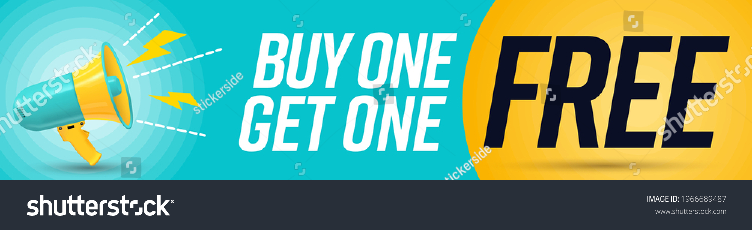 SVG of Megaphone announcing buy one get one free special gift. Banner with great offer of guarantee retail bonus for shopping vector illustration. Save money with economy purchase promotion svg