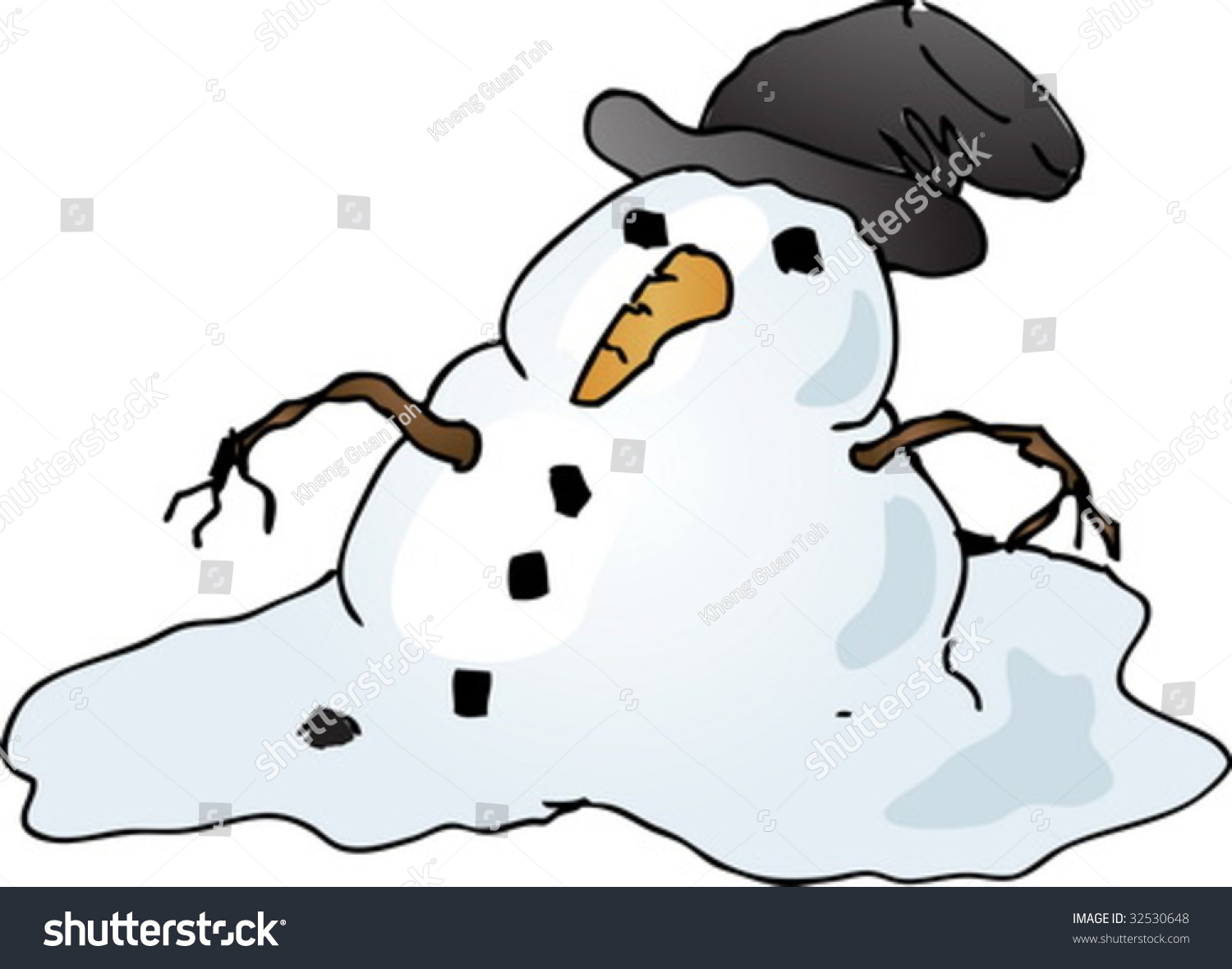 Melting Depressed Snowman With Tophat, Cartoon Comic Illustration ...