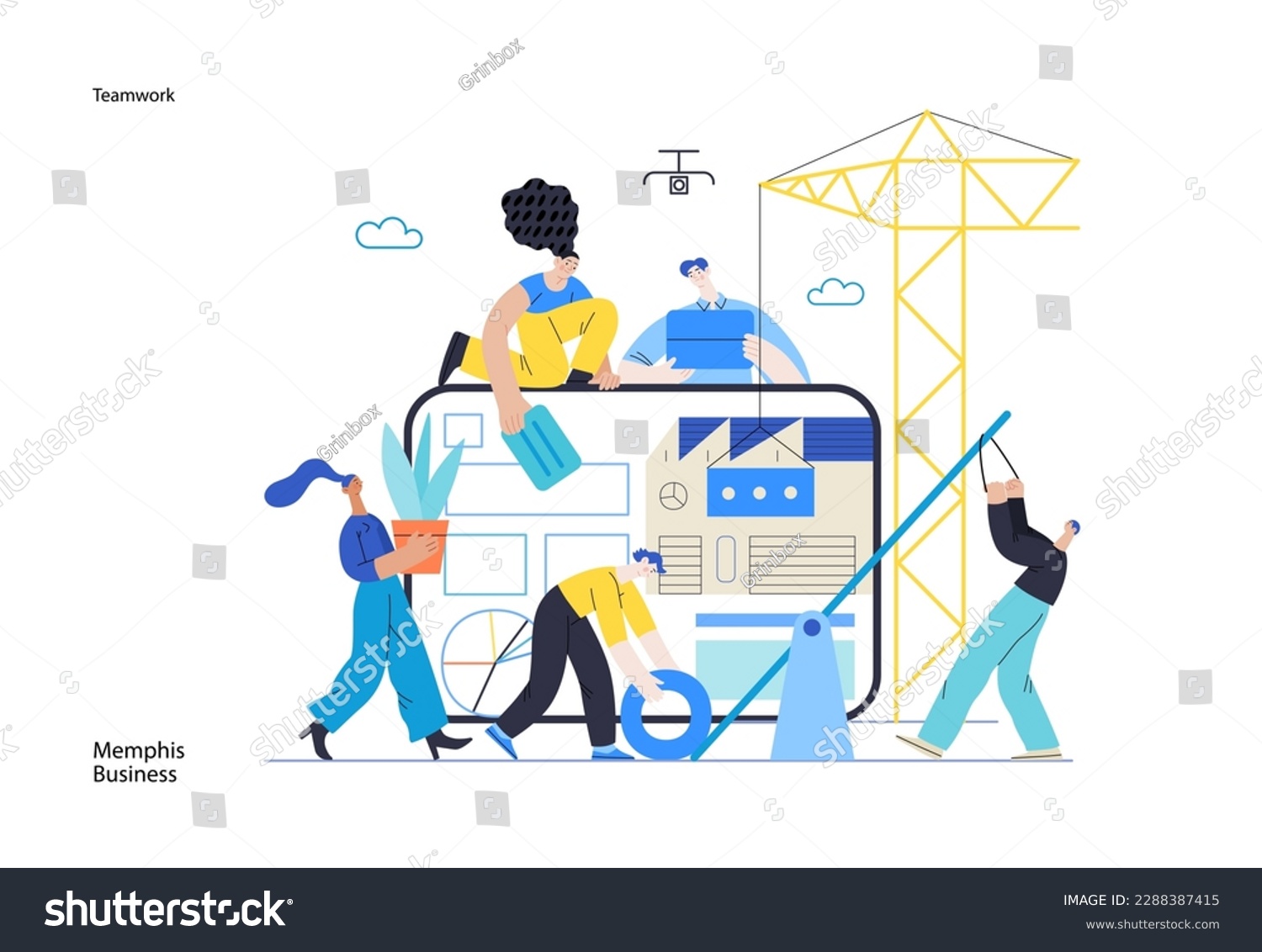 SVG of Memphis business illustration. Teamwork -modern flat vector concept illustration of people working together, building a company website, collaboration concept. Commerce business sales metaphor. svg
