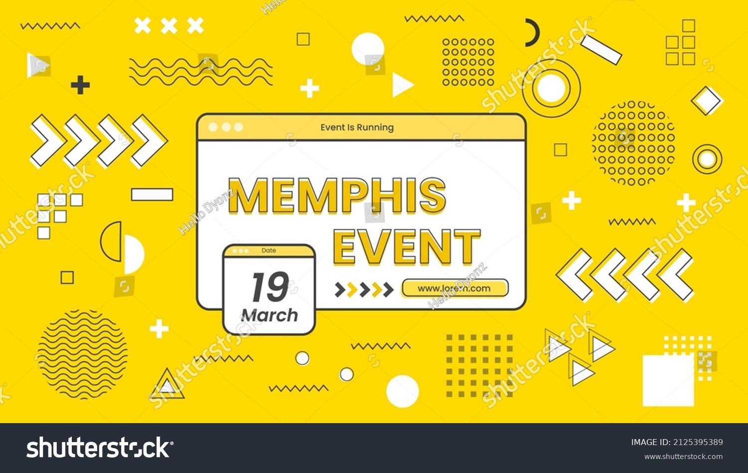SVG of Memphis event banner design with assorted yellow and black modern geometric elements. Memphis template design, banner design, background memphis event poster design with many memphis assets style eps svg