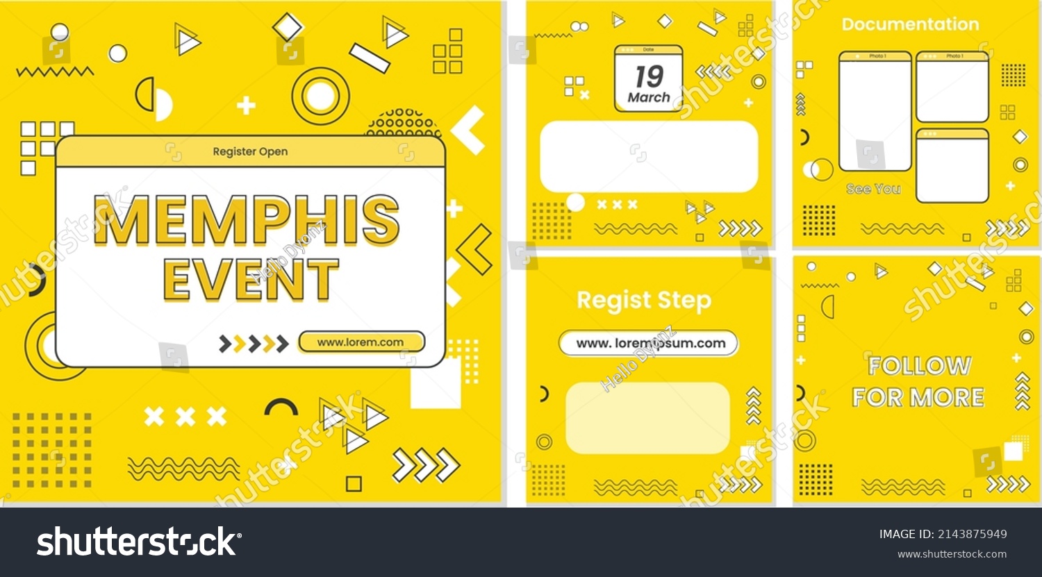 SVG of Memphis event feed pack design with assorted yellow and black modern geometric elements. Memphis template design social media background memphis event feed poster design many memphis assets style eps svg