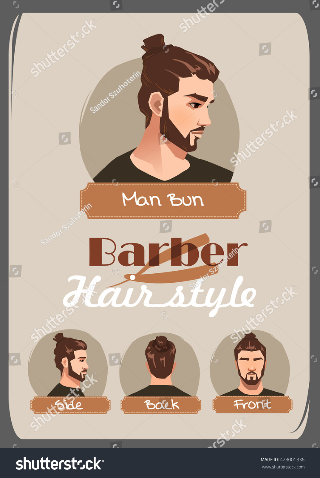 Mens Haircut Hairstyle Man Bun Haircut Stock Vektorgrafik