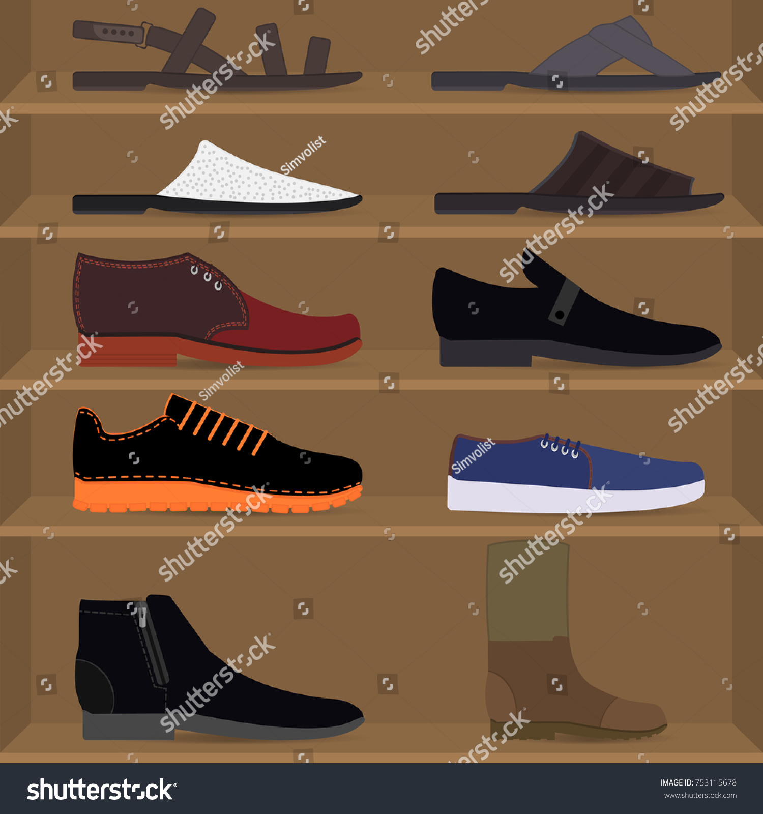 Mens Shoes On Shelves Side View Stock 