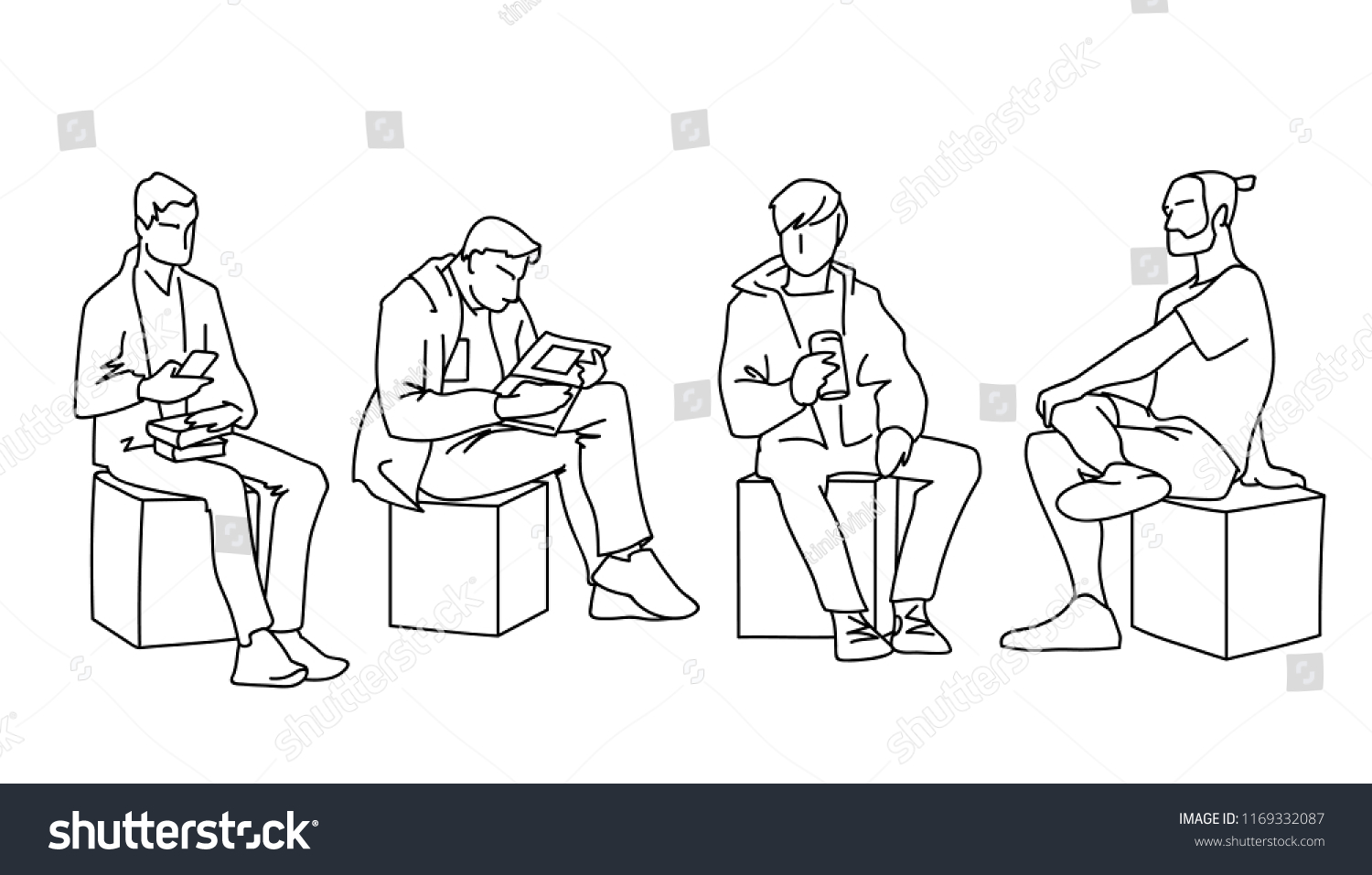 男性は違うポーズで座っている 白い背景に黒い線 コンセプト 角切りに並んだ様々な男性のベクターイラスト 単色の手描きのスケッチ のベクター画像素材 ロイヤリティフリー