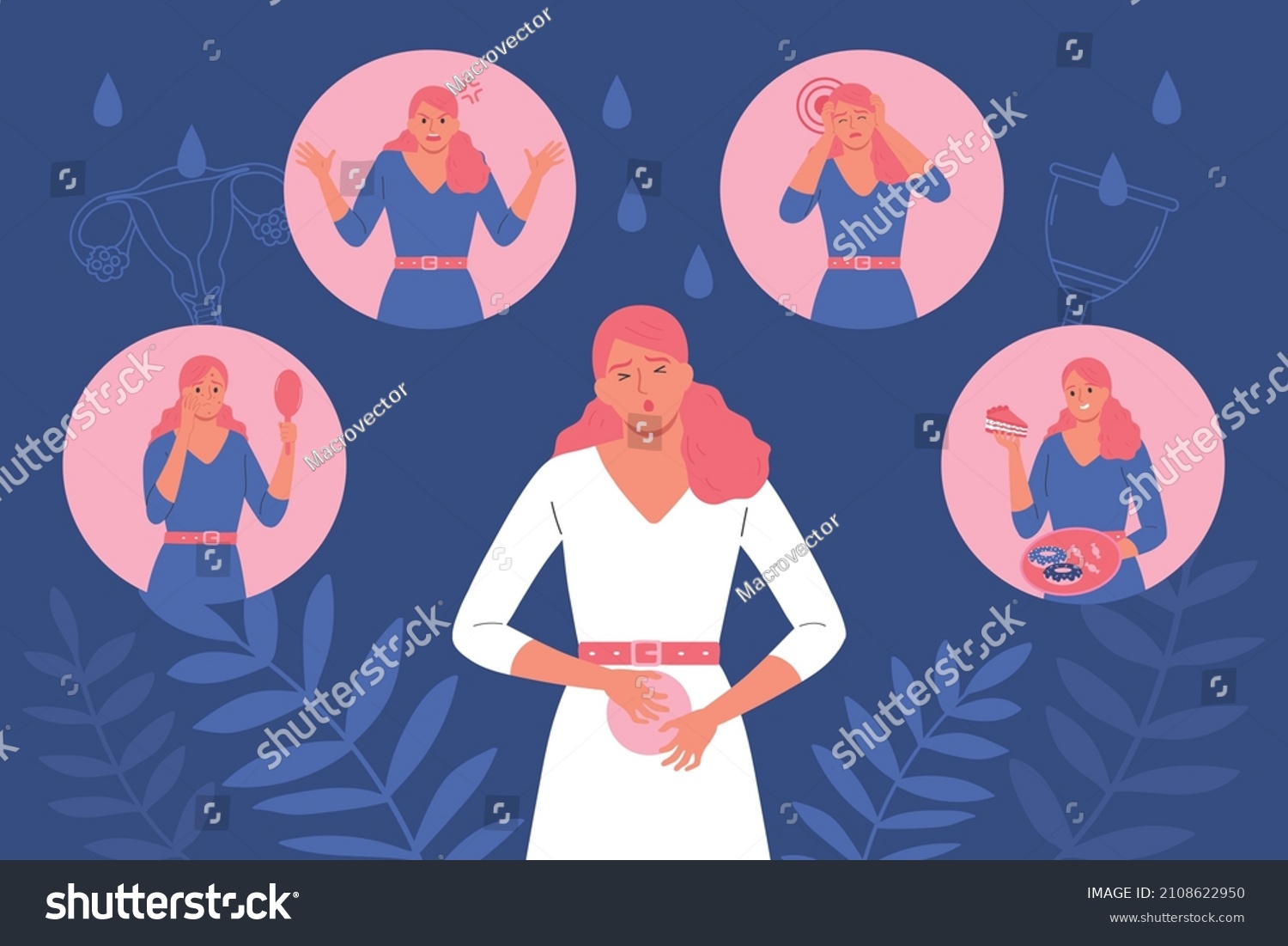 Menstruation Flat Background Woman Touching Belly Stock Vector Royalty Free 2108622950 8410