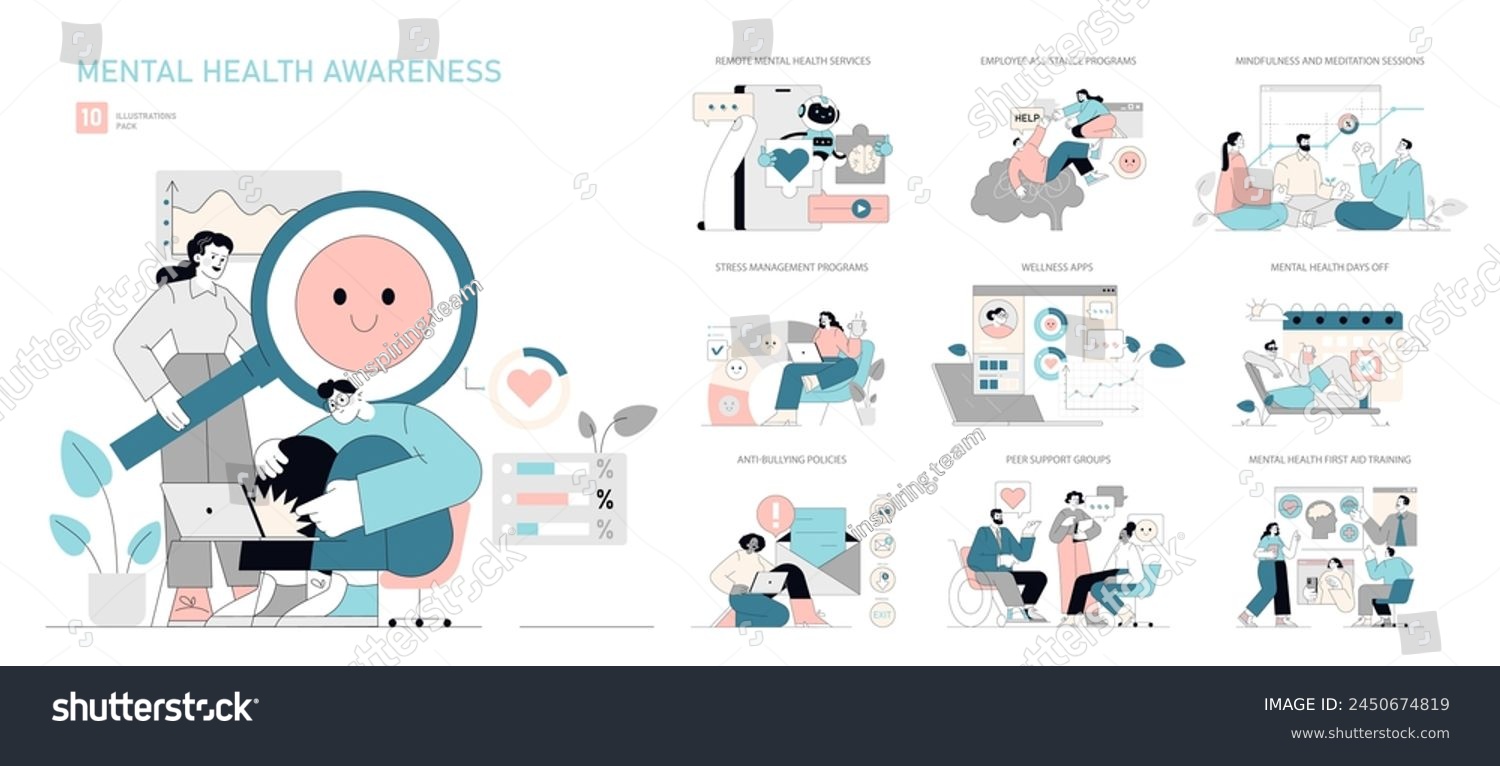 SVG of Mental Health Awareness set. Support initiatives and self-care strategies. Remote services, stress management, and mindfulness sessions. Vector illustration. svg