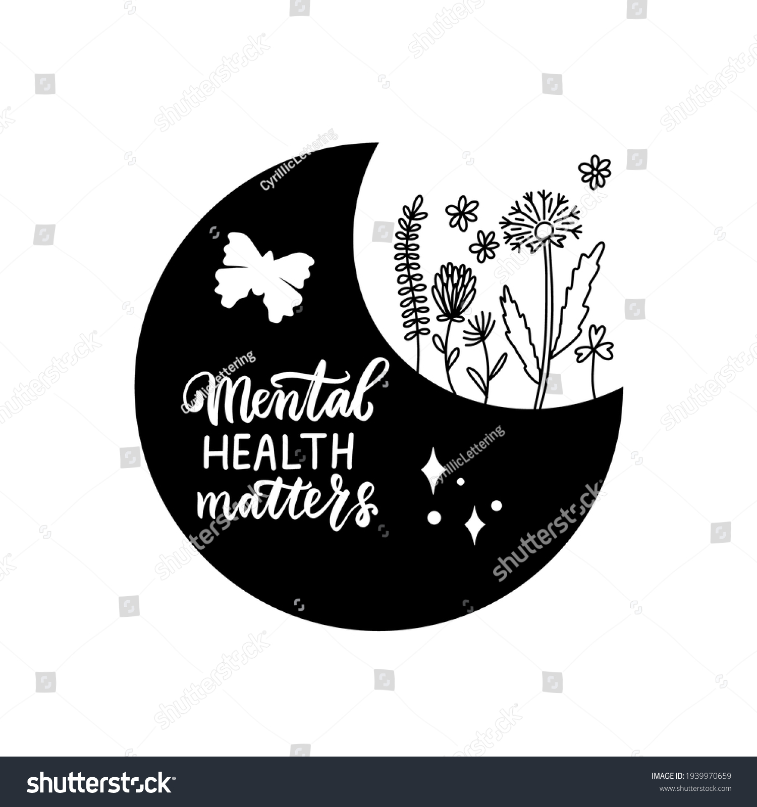 SVG of Mental health matters. Floral moons. Celestial boho wildflowers. Magic wild flowers dandelion, daisy, chamomile with butterfly. Silhouette bohemian vector illustration for shirt design. Boho clipart. svg