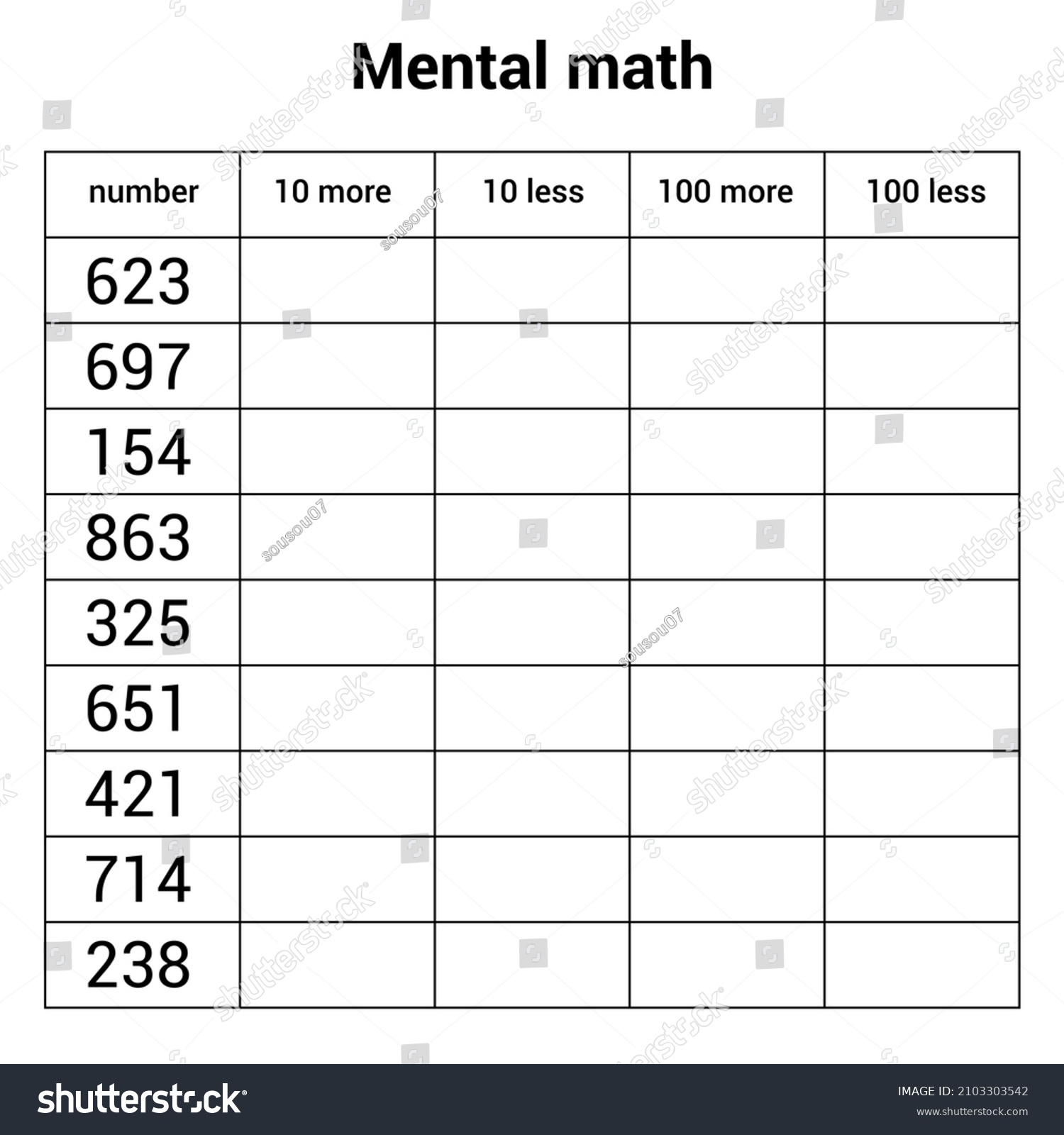 Mental Math Worksheet On White Background Stock Vector (Royalty Free 