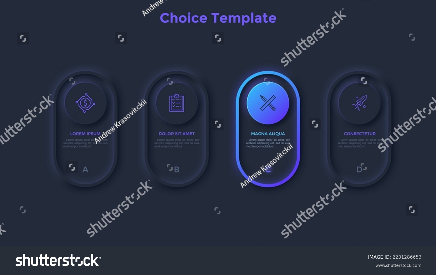 SVG of Menu with four rounded elements or buttons placed in horizontal row. Concept of 4 options of business project to select. Dark neon infographic design template. Modern vector illustration for report. svg