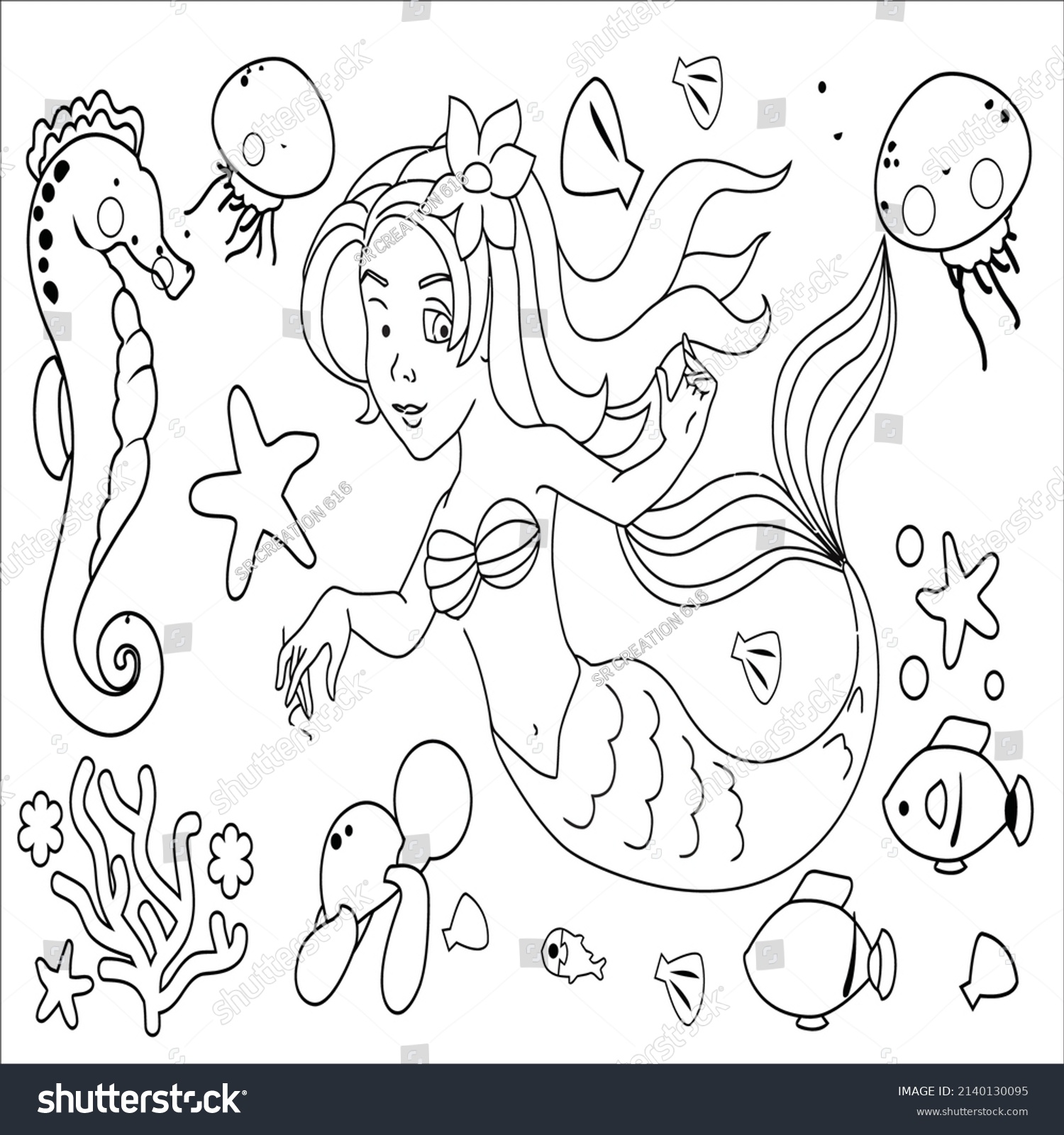 Mermaid Coloring Page Kids Stock Vector (Royalty Free) 2140130095 ...