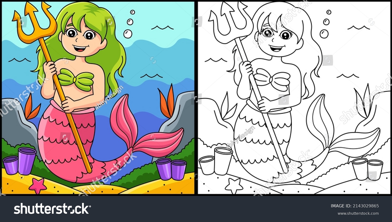 Mermaid Holding Trident Coloring Page Illustration Stock Vector 