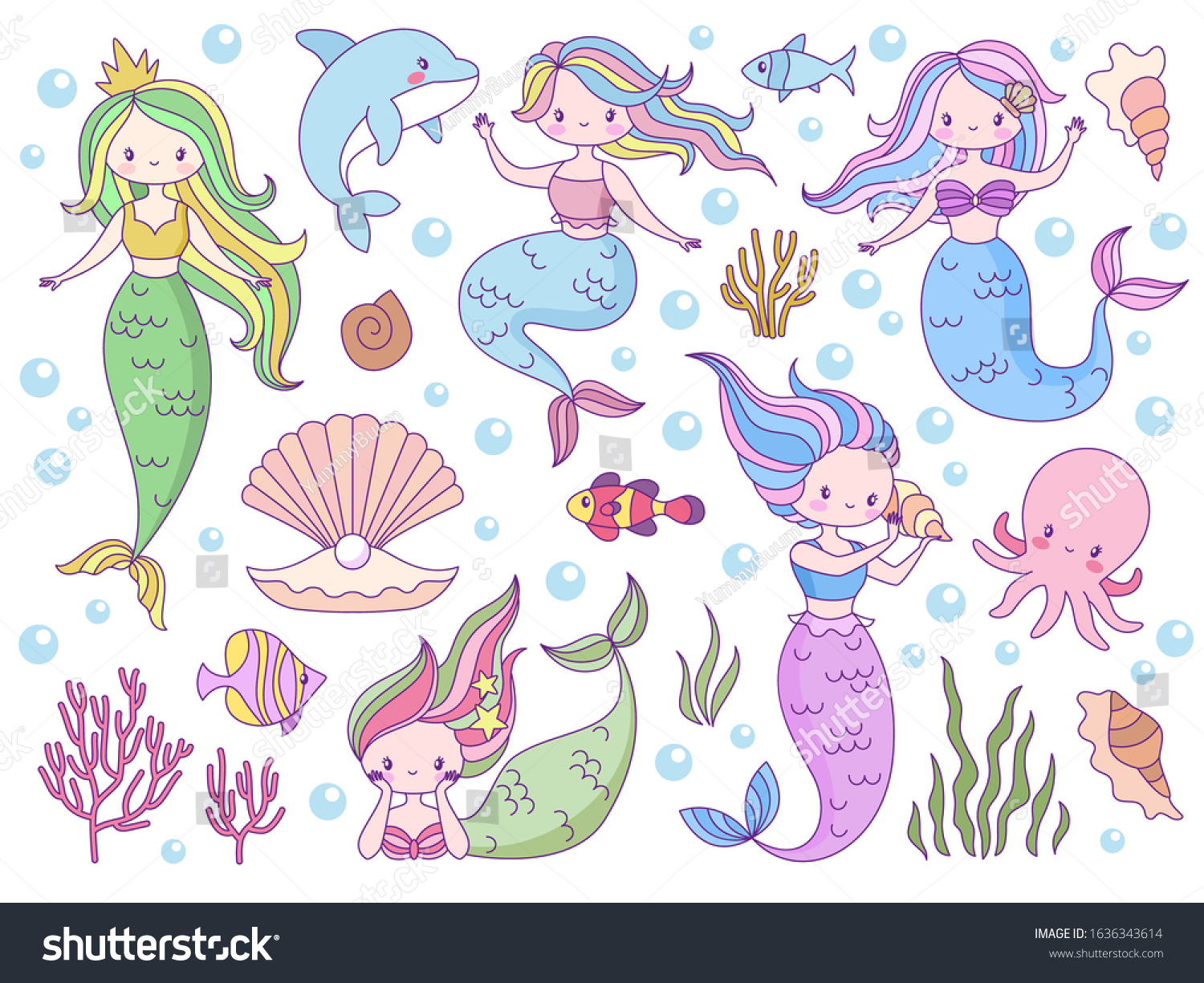 Mermaid Sea World Little Mermaids Cute Stock Vector (Royalty Free ...