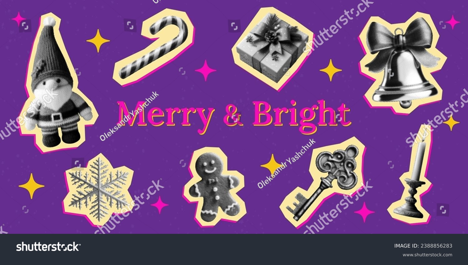 SVG of merry and bright christmas concept template design set with gnome gingerbread man gift box decoration candy cane snowflake bell vector y2k shapes retro grunge halftone collage element winter holiday svg