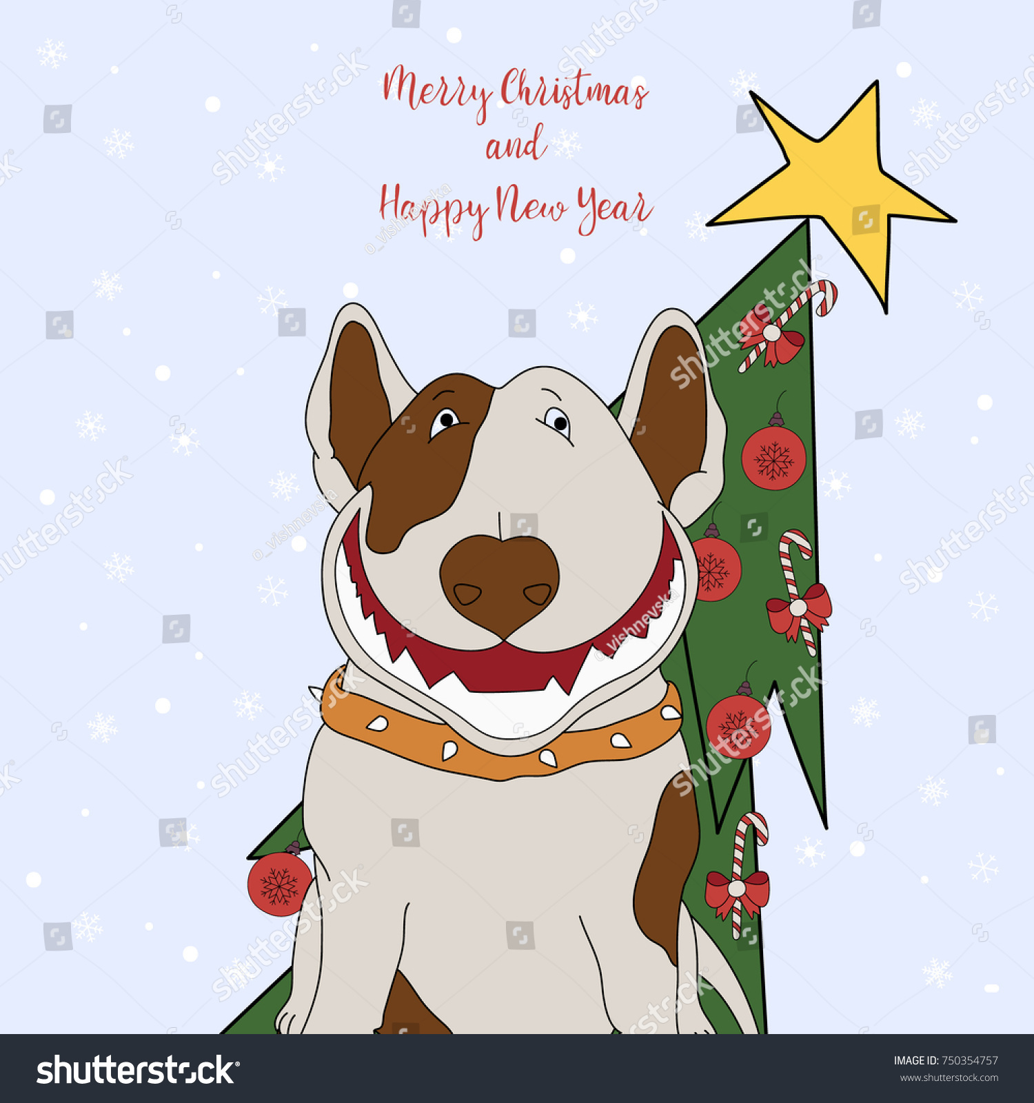 Merry Christmas and Happy New Year Cartoon greeting card with a smiling dog with a