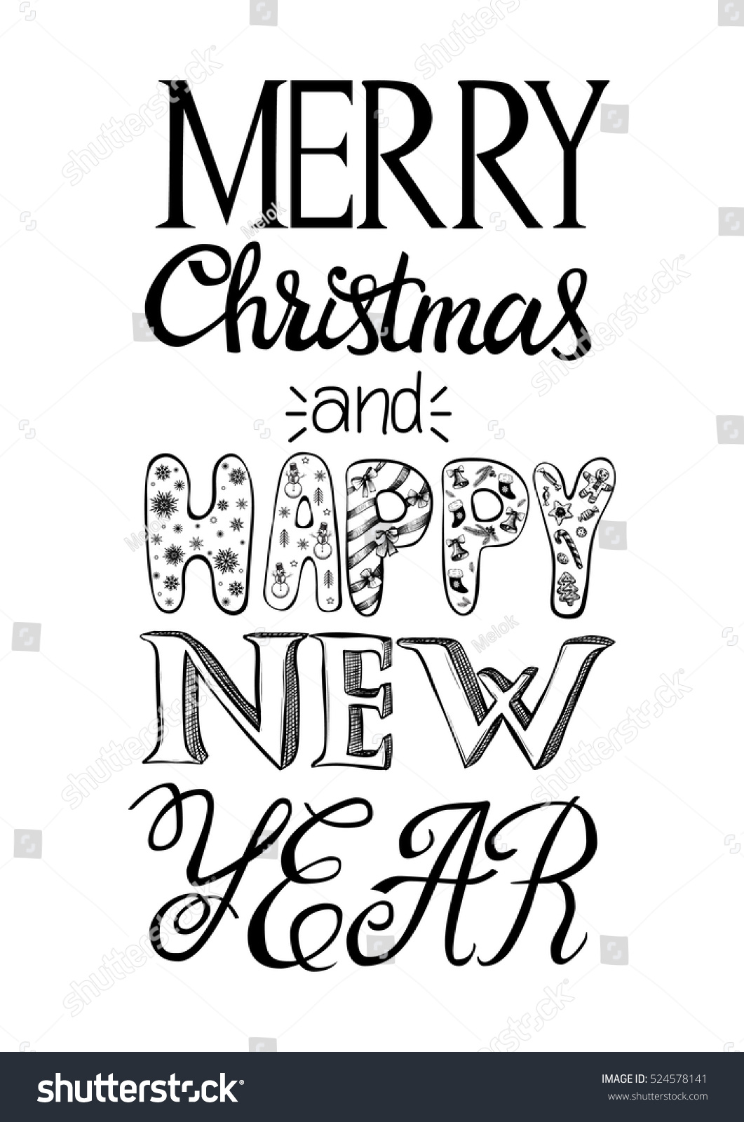 Merry Christmas and Happy New Year greeting card Christmas hand drawn postcard different