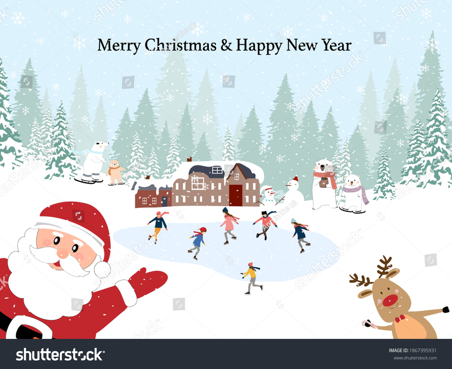 Merry Christmas And Happy New Year 2022 Santa Y Reindeer Merry Christmas Happy New Year 2022 Stock Vector (Royalty Free) 1867395931