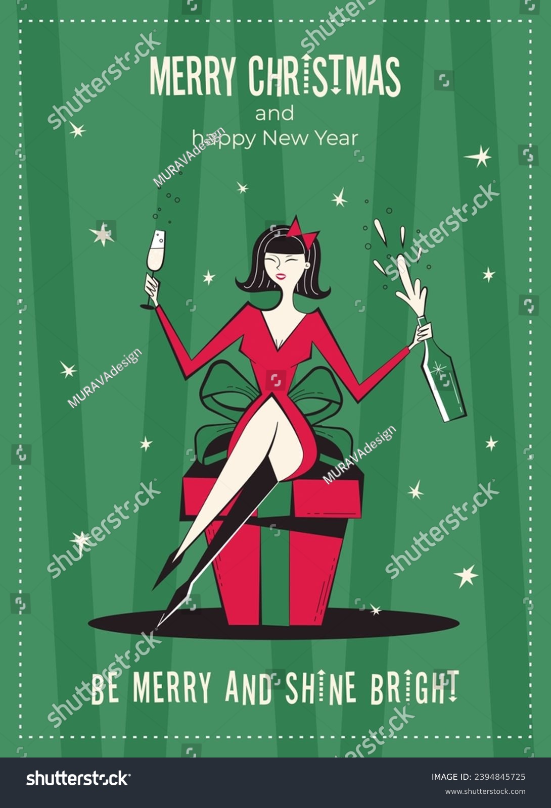 SVG of Merry Christmas and happy New Year greeting card, poster. 60s-70s retro style poster with Christmas wishes text. Woman characters in red dress, holding champagne bottle and glass, sitting on gift box. svg