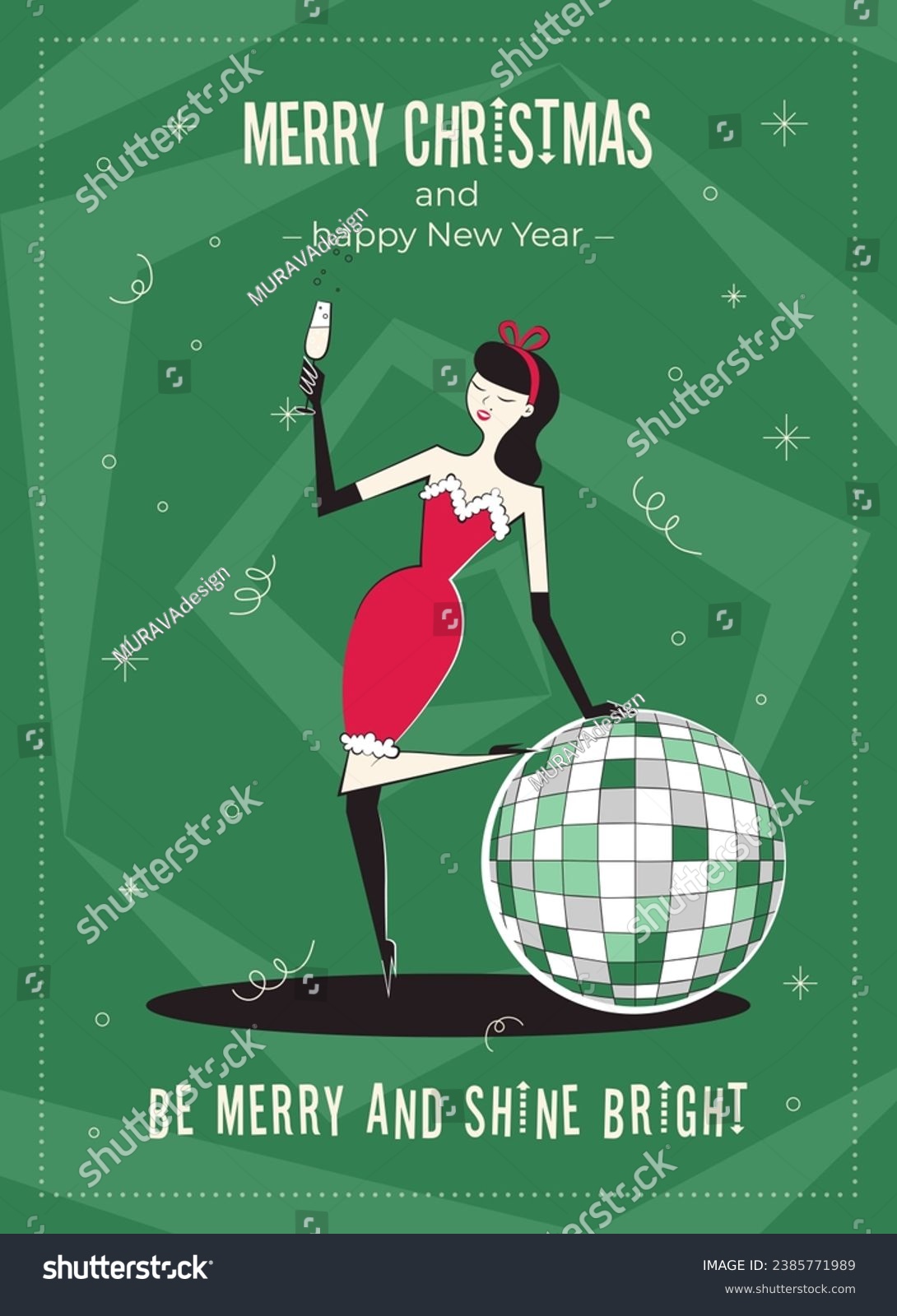 SVG of Merry Christmas and happy New Year greeting card. 60s-70s retro style poster with Christmas wishes text. Woman characters in red dress, holding champagne glass, with disco ball. svg