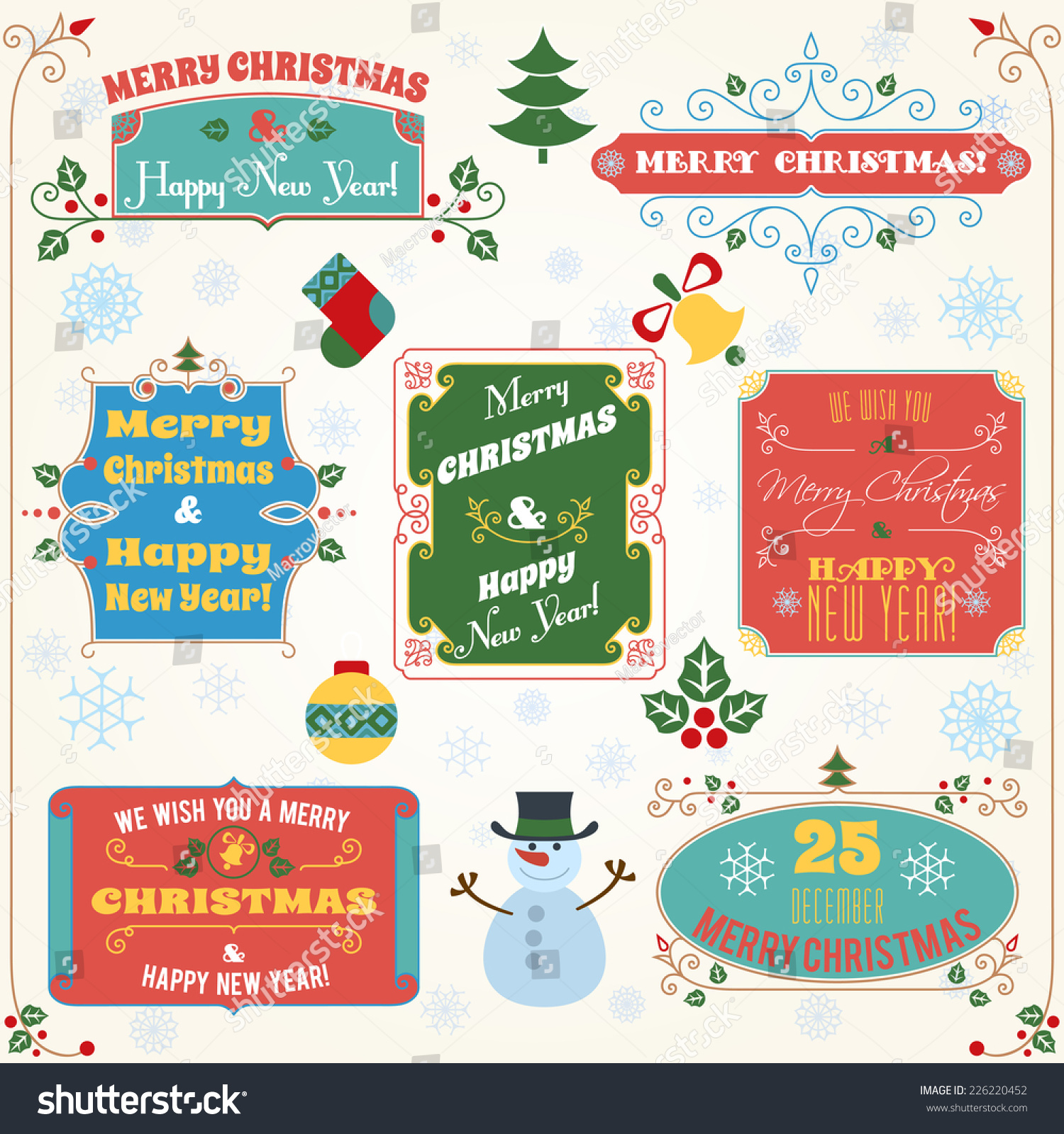 Merry Christmas And Happy New Year Holiday Decoration Colored Labels With Wishes Set Vector