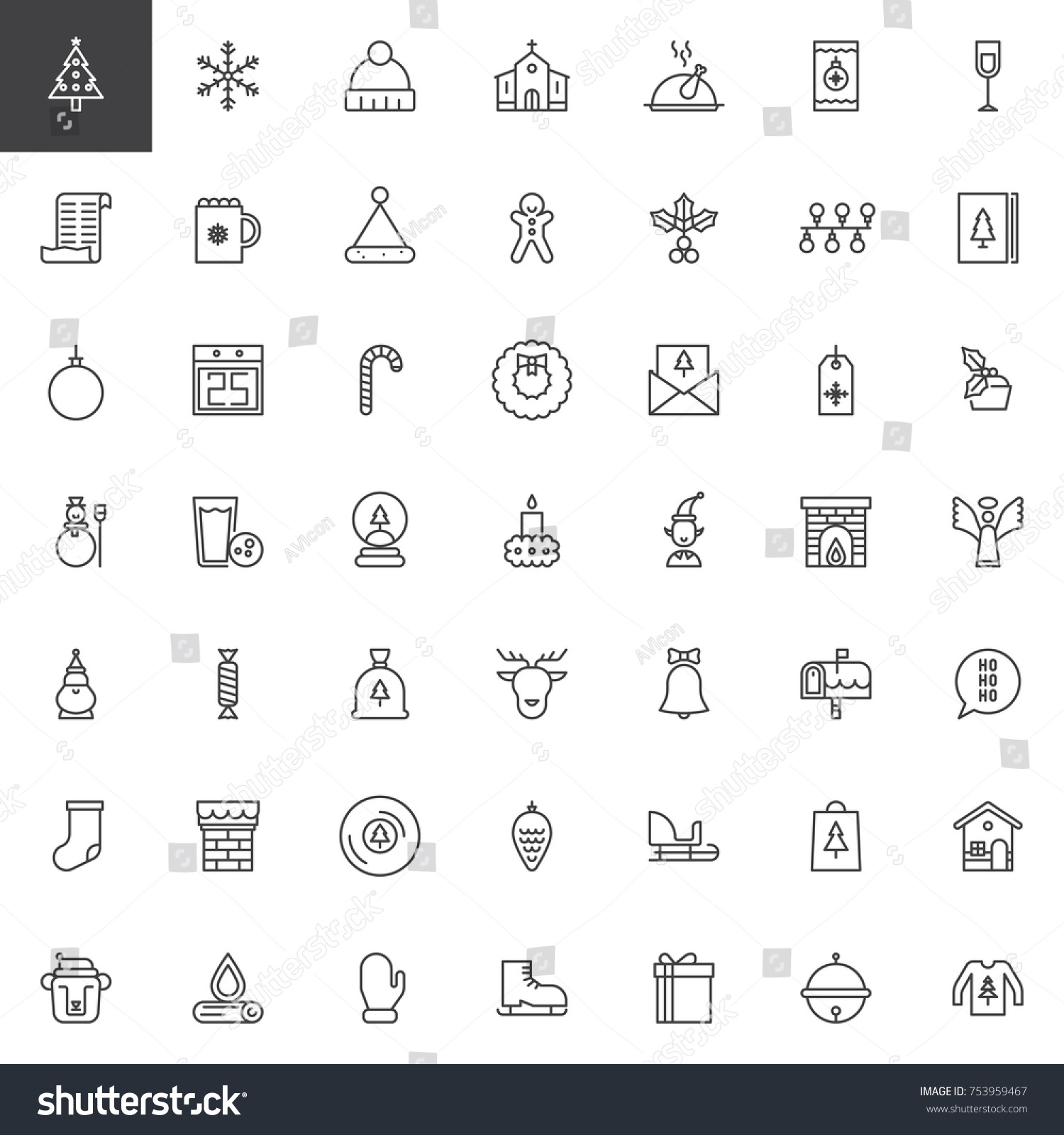 Merry Christmas and Happy New Year line icons set outline vector symbol collection linear
