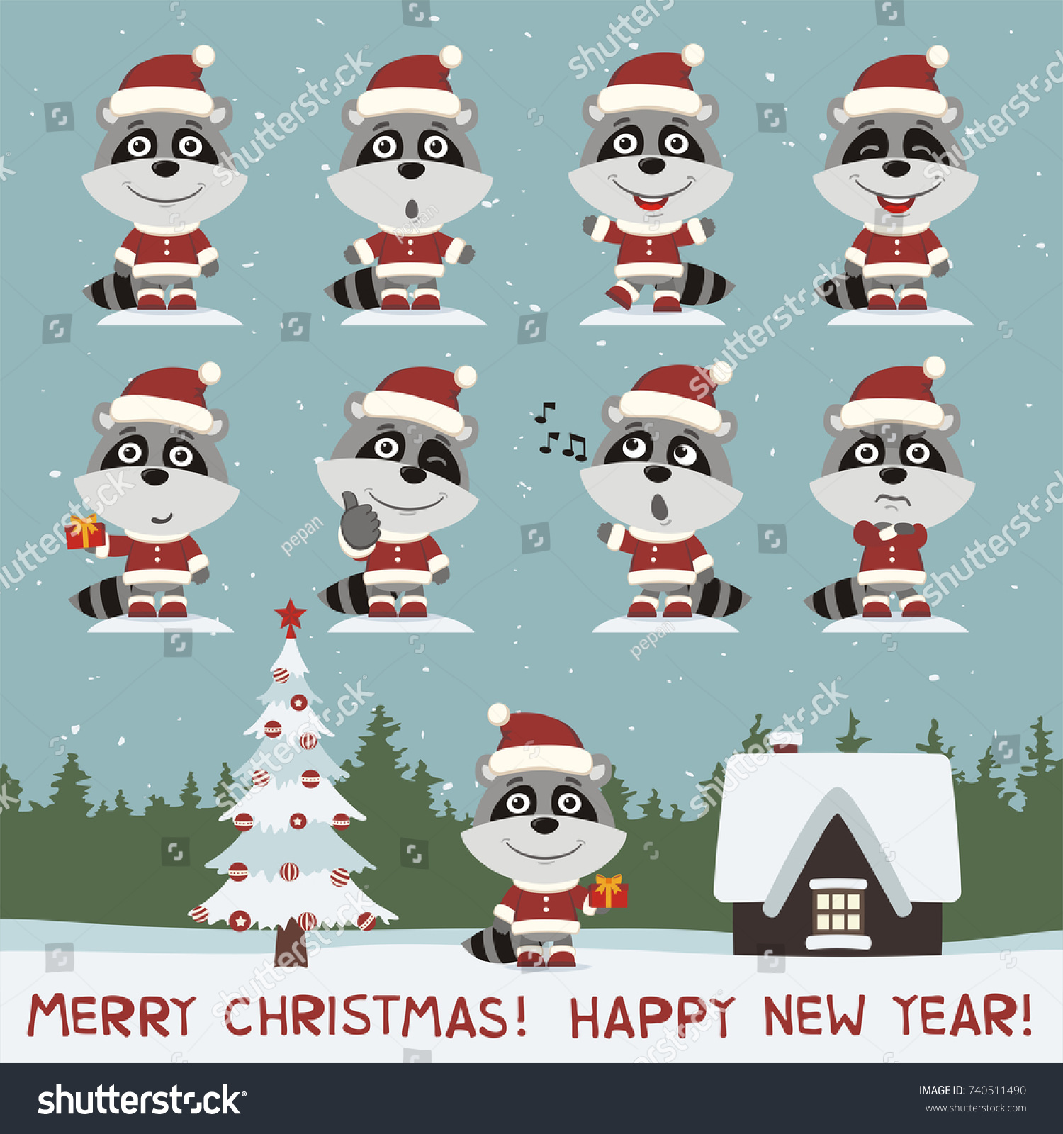Merry christmas and happy new year Set of raccoon in costume and hat in different
